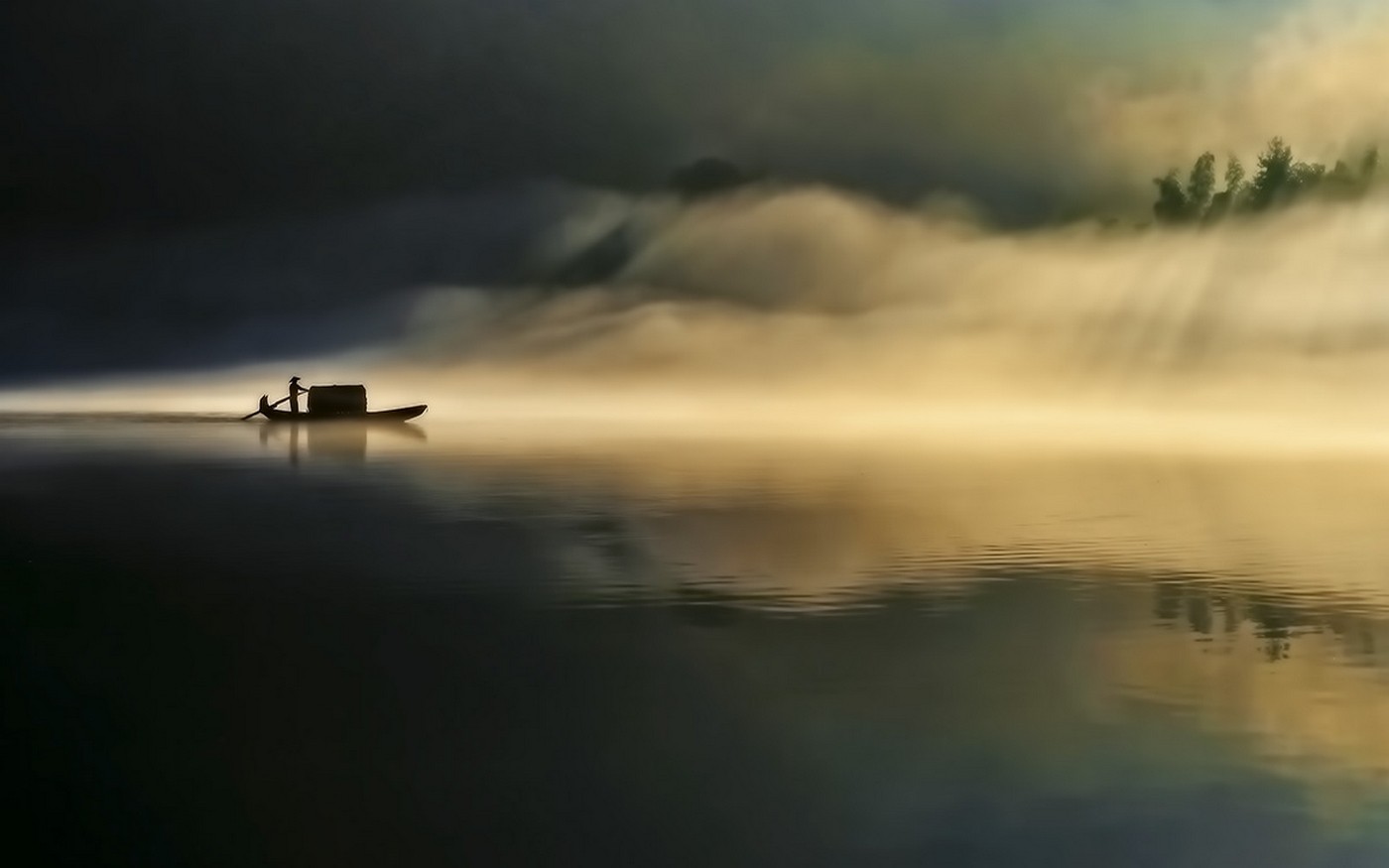 Boat on a misty lake at sunrise HD Wallpaper