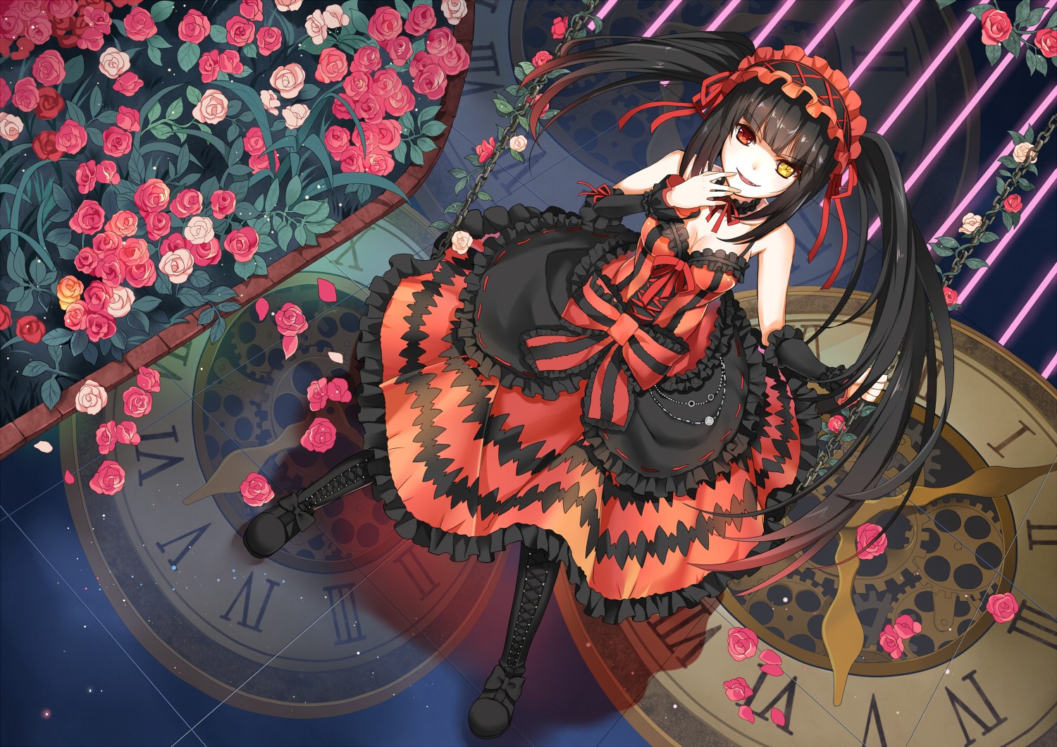 Tokisaki Kurumi from Date A Live with Roses and Clocks HD Wallpaper