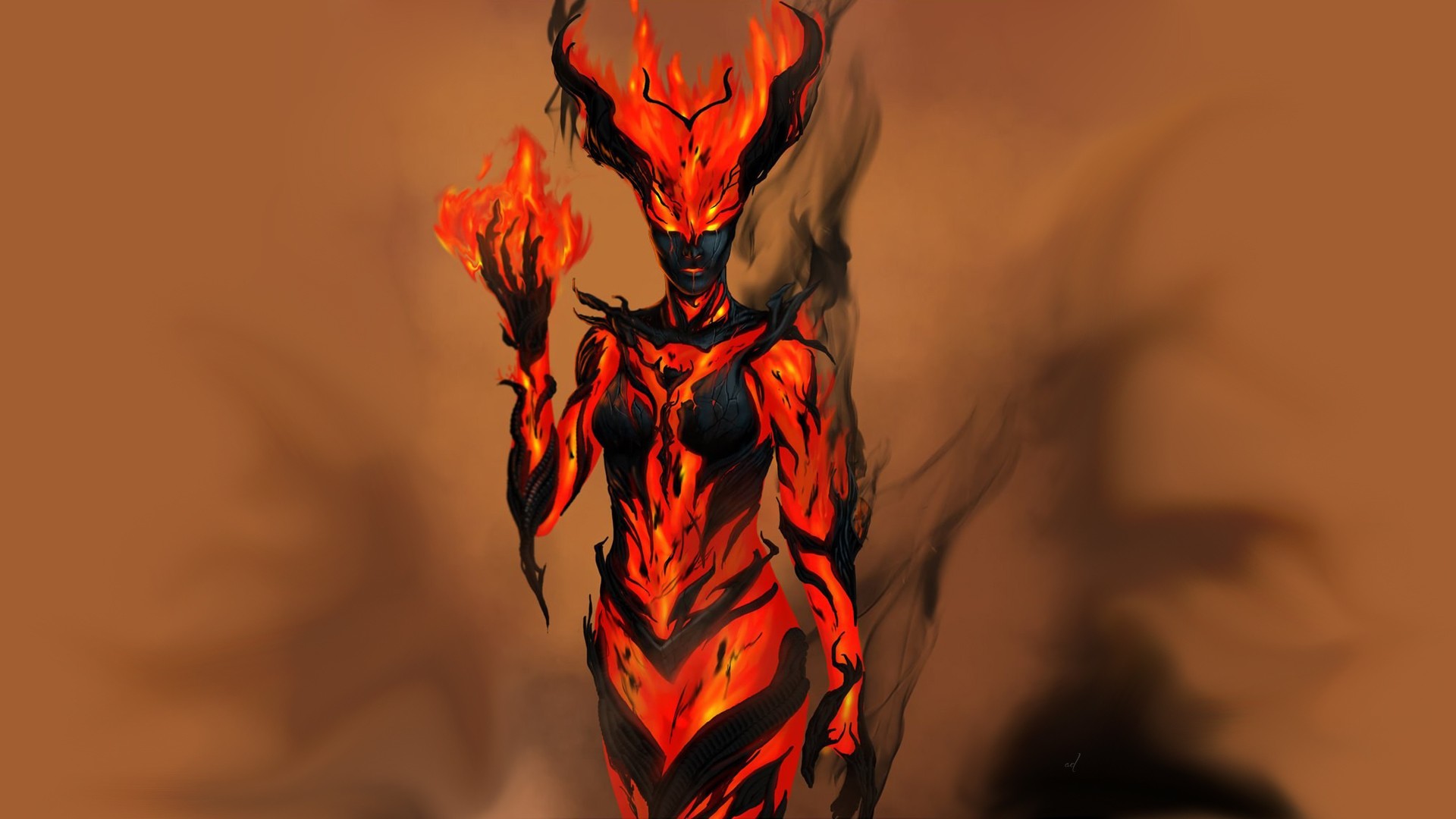 Fantasy art of a fire elemental creature HD Wallpaper