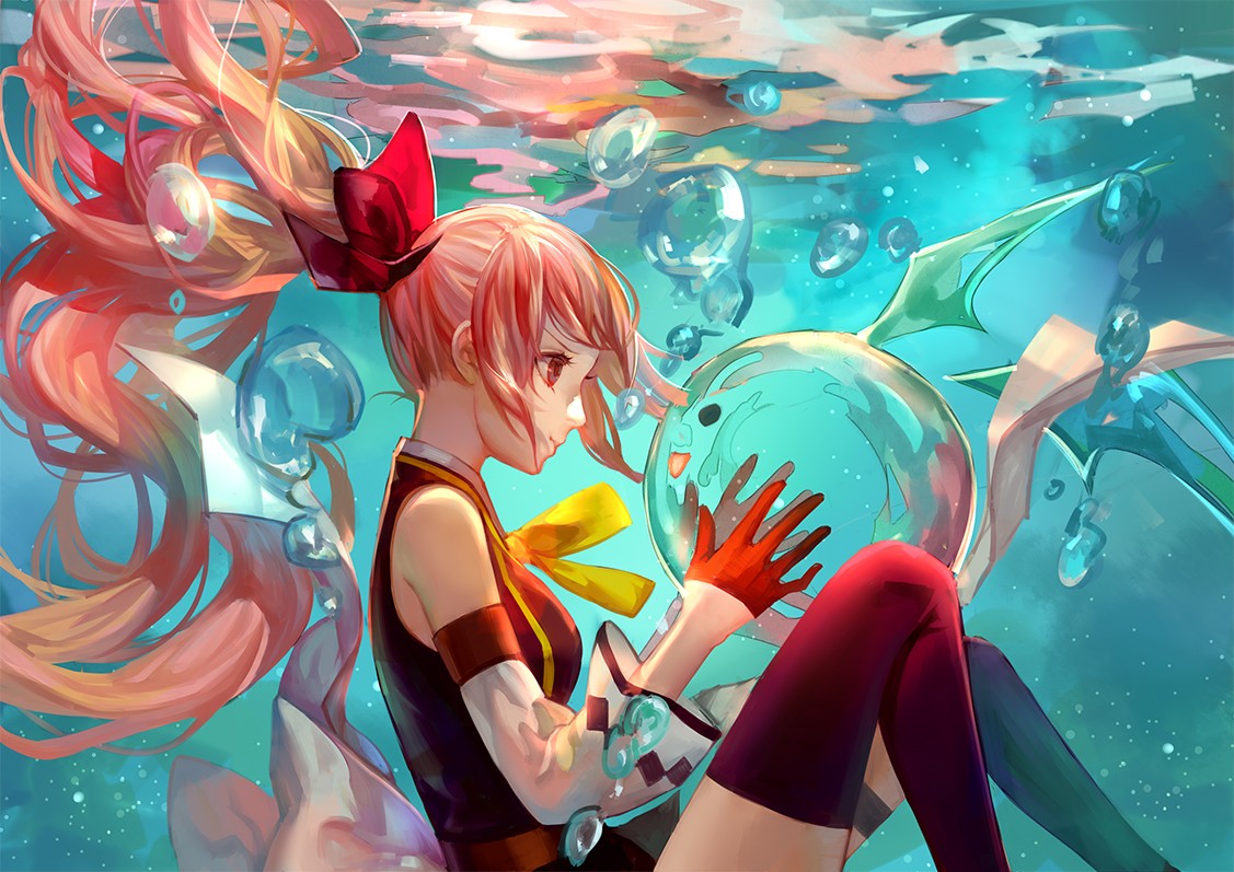 Anime girl with pink hair underwater with bubbles HD Wallpaper
