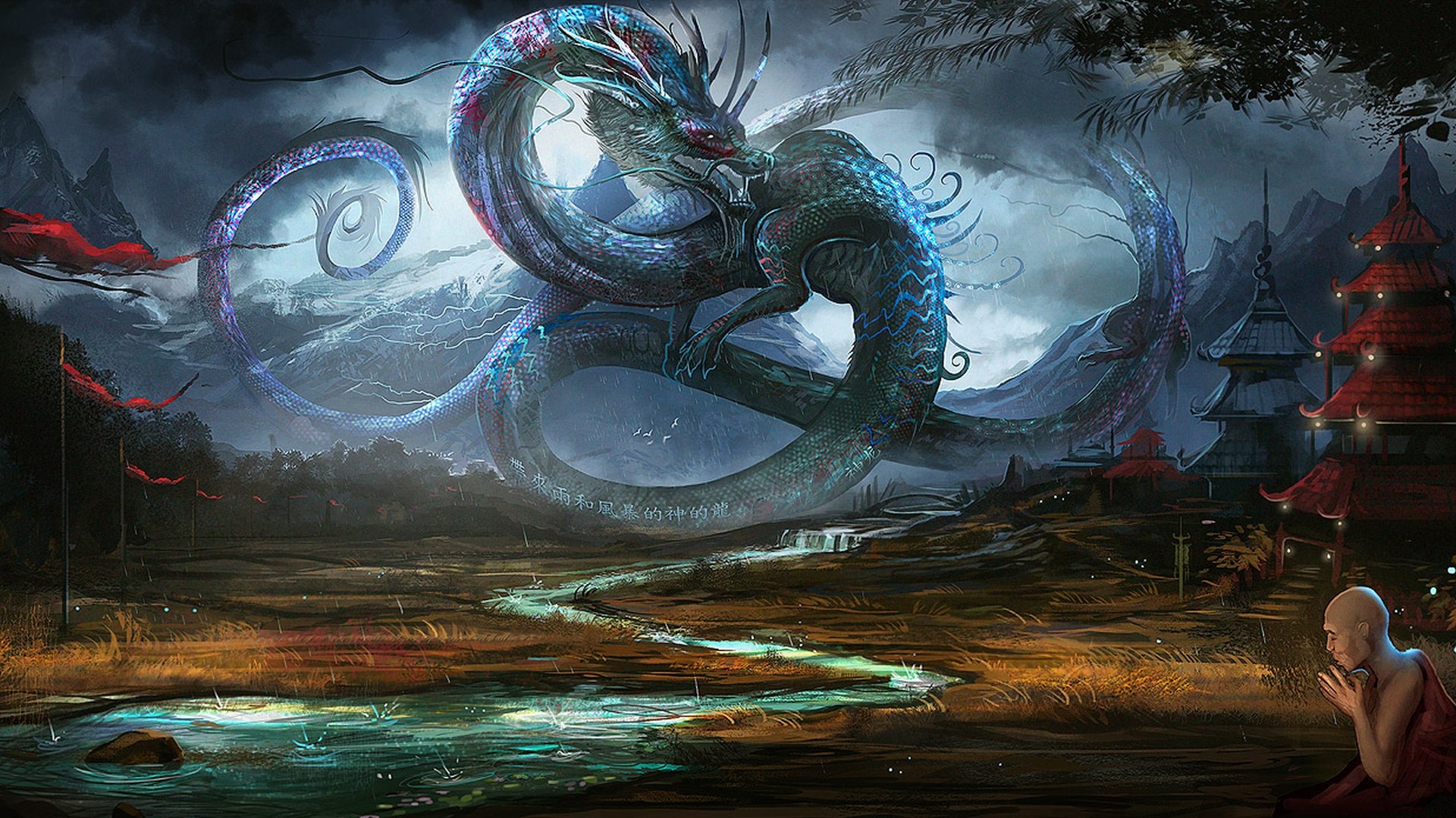 Fantasy art of a dragon and a monk HD Wallpaper