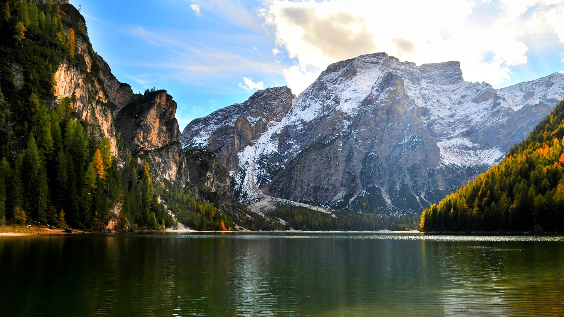 Lake and mountains with snowy peaks and autumn forest HD Wallpaper
