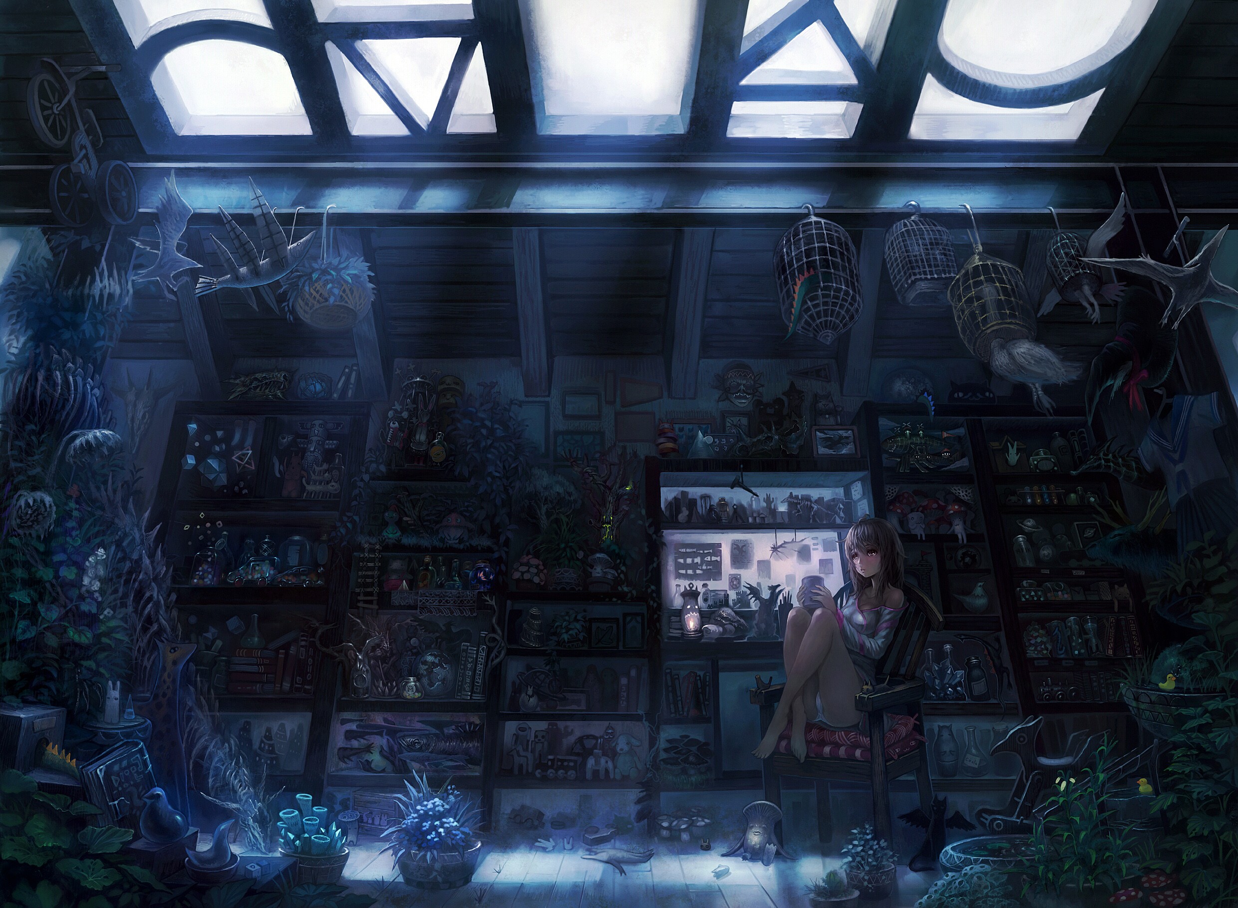 Anime girl sitting in a cluttered room with shelves of items HD Wallpaper