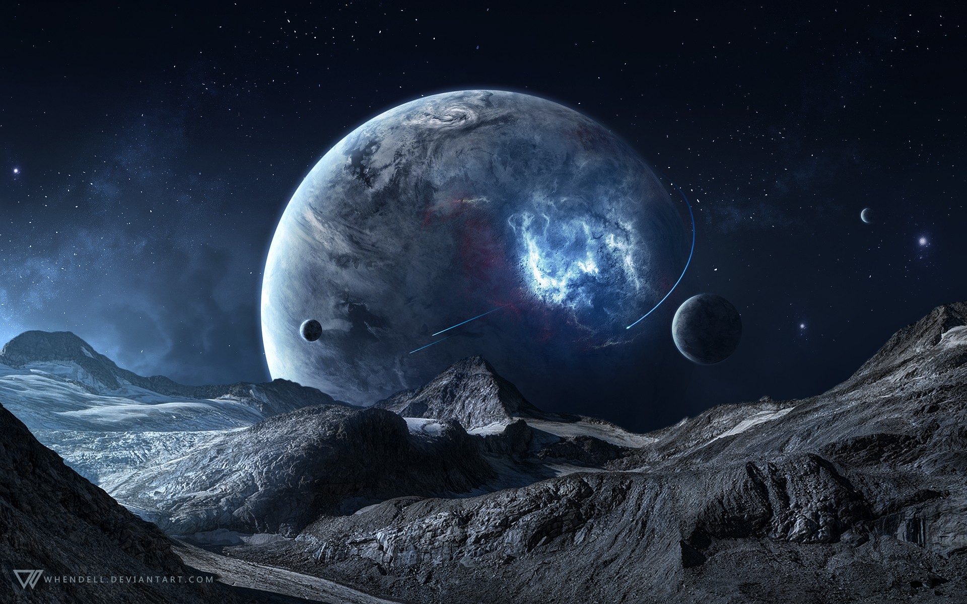 Alien planet landscape with large planet and moons HD Wallpaper