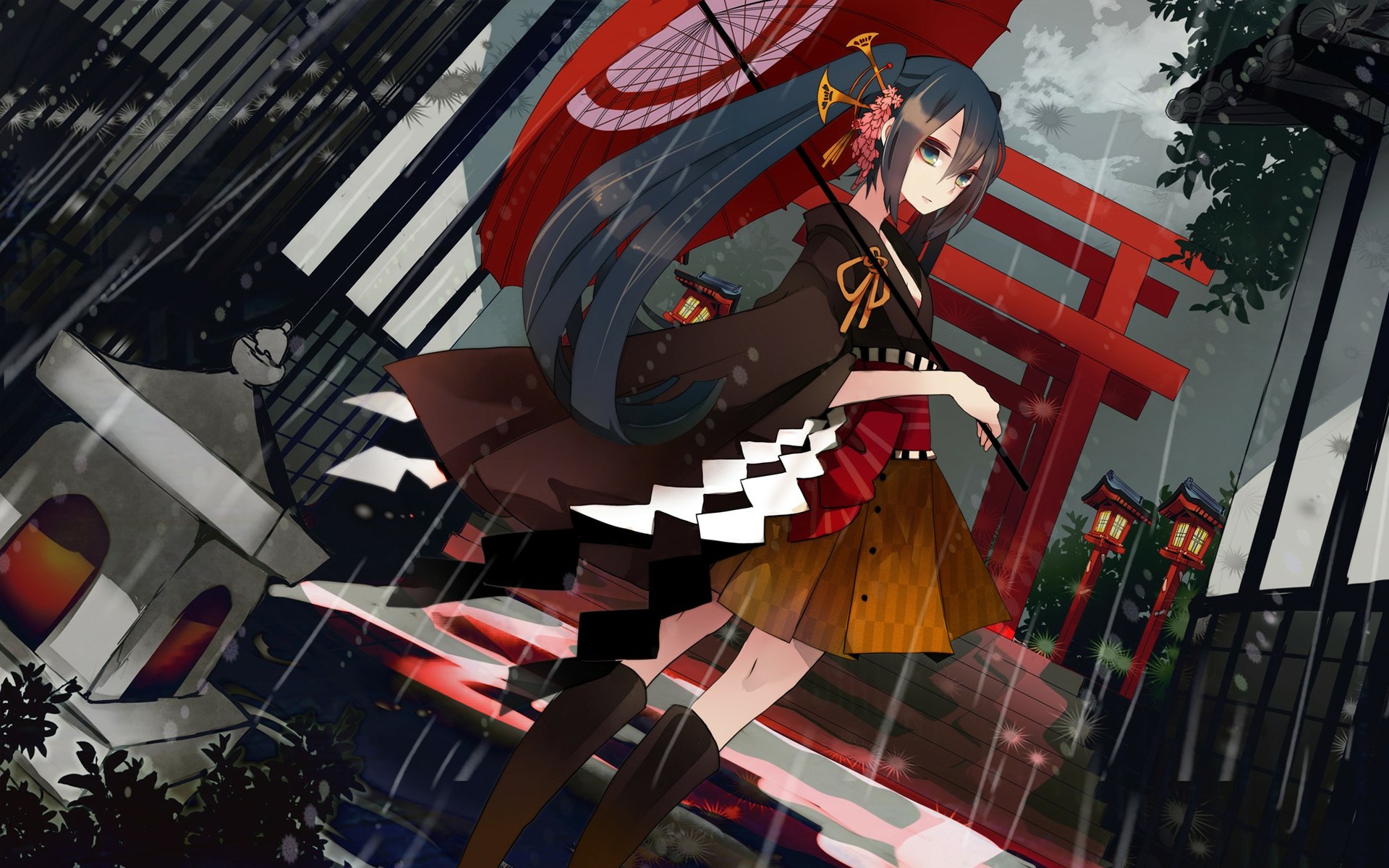 Hatsune Miku with Umbrella in the Rain HD Wallpaper