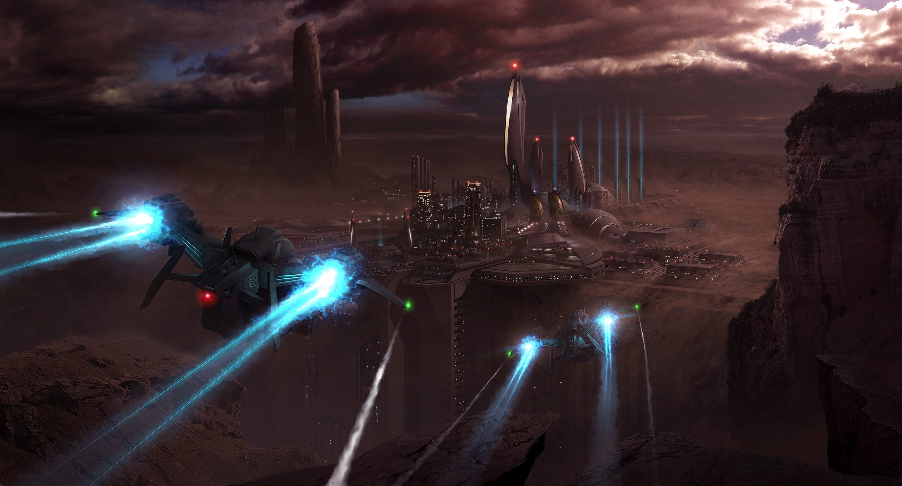 Science fiction battle between spaceships and a futuristic city HD Wallpaper