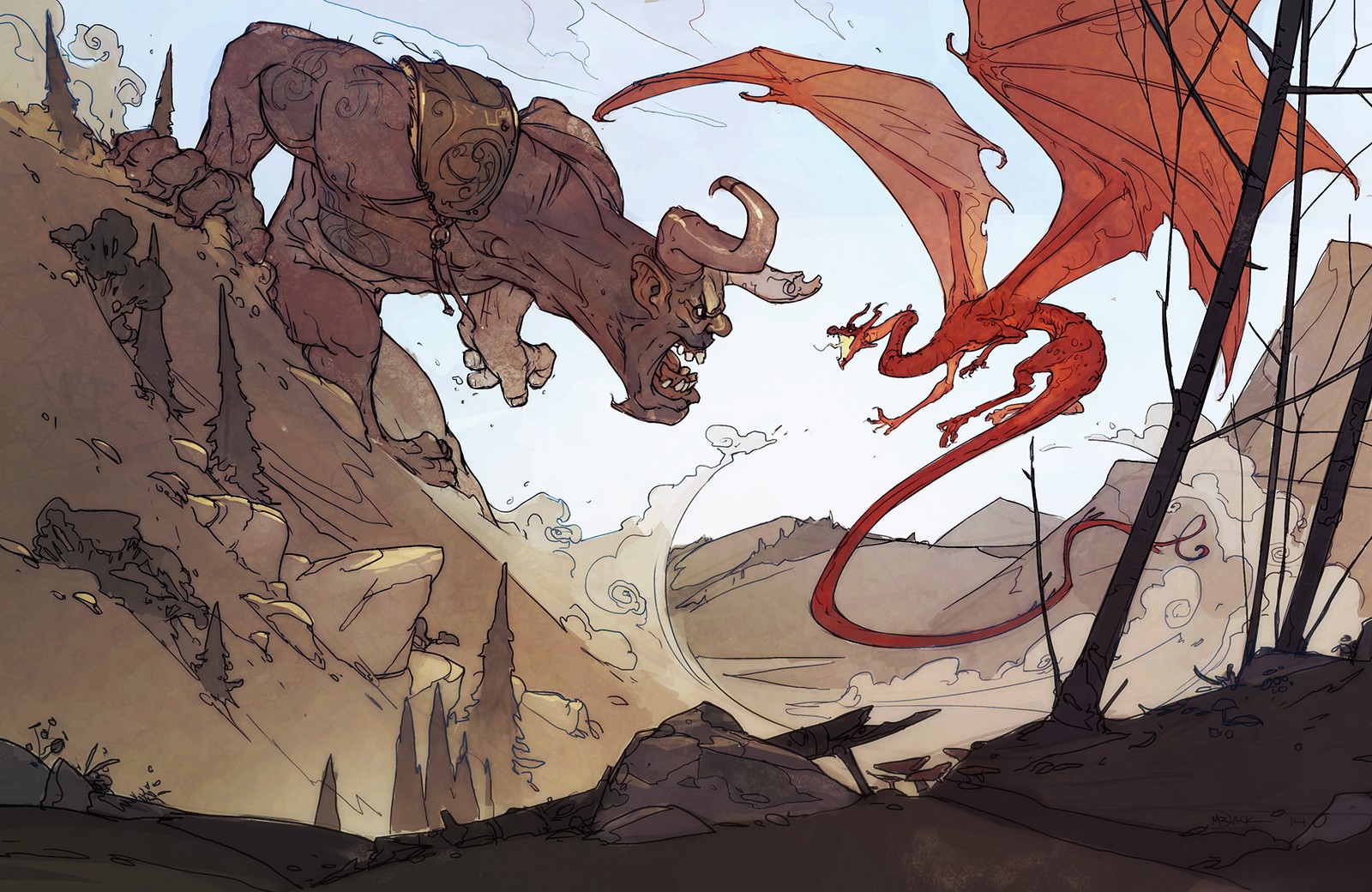 A cyclops and a dragon fight on a rocky mountain HD Wallpaper