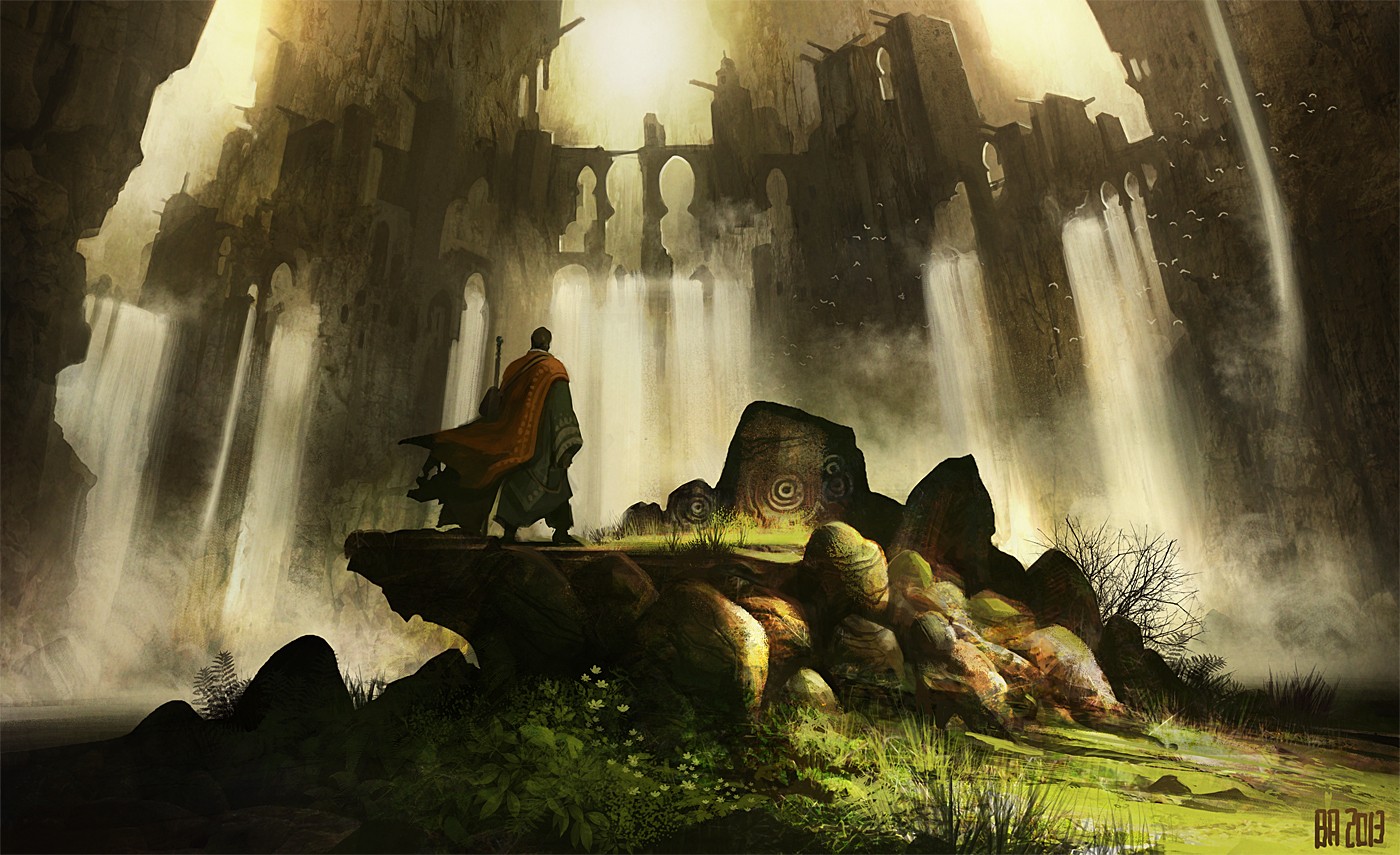 Man in orange cloak overlooking ancient ruins with waterfalls HD Wallpaper