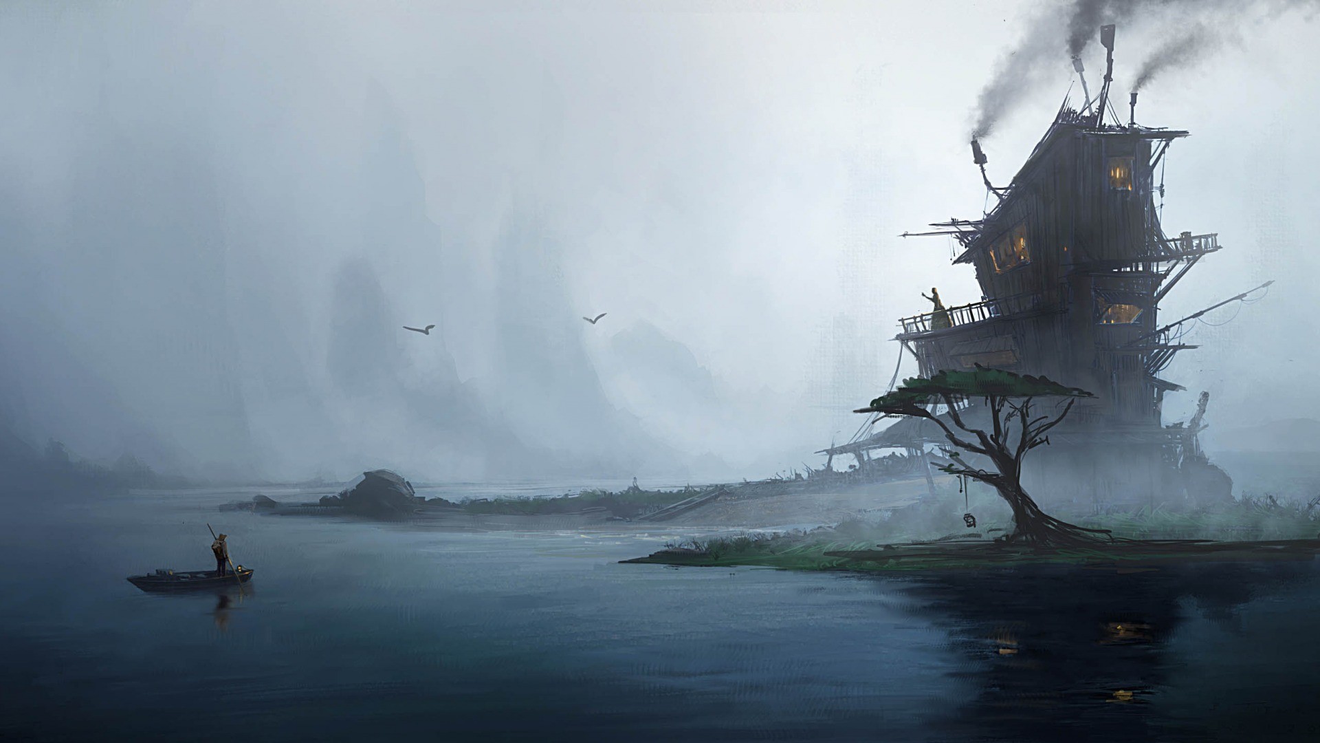 Misty landscape with a stilt house and a boat HD Wallpaper