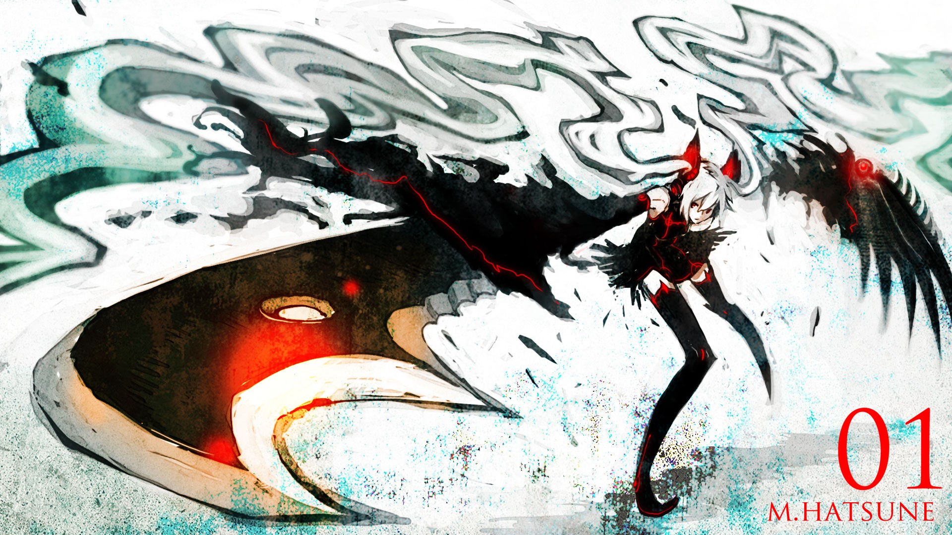 M.Hatsune with Black Wings and Red Accents HD Wallpaper