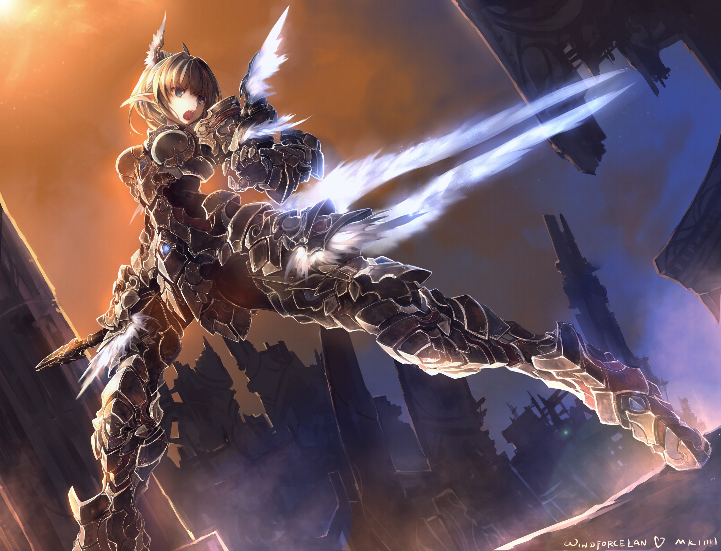 Anime girl with dual swords in battle HD Wallpaper
