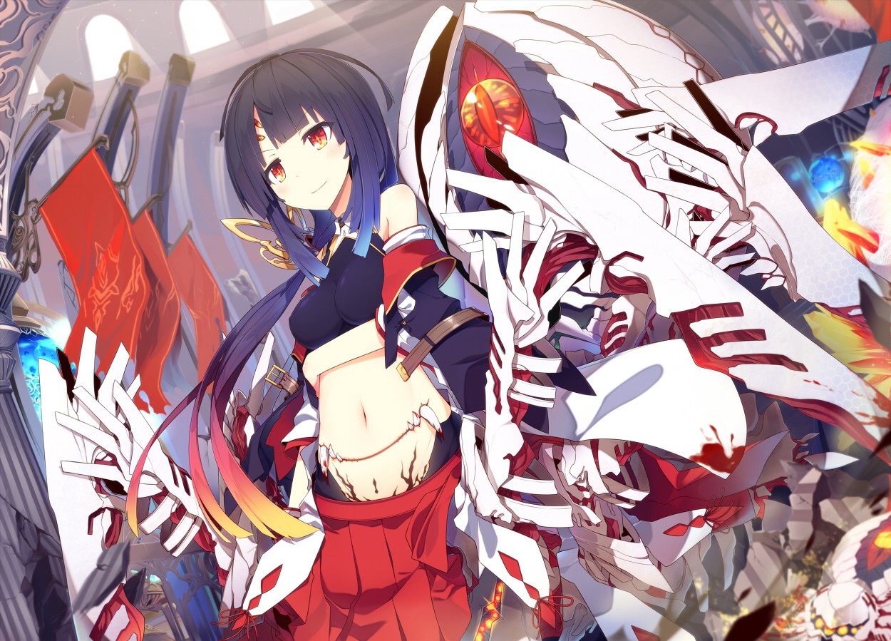 Anime girl with creature and red banners HD Wallpaper