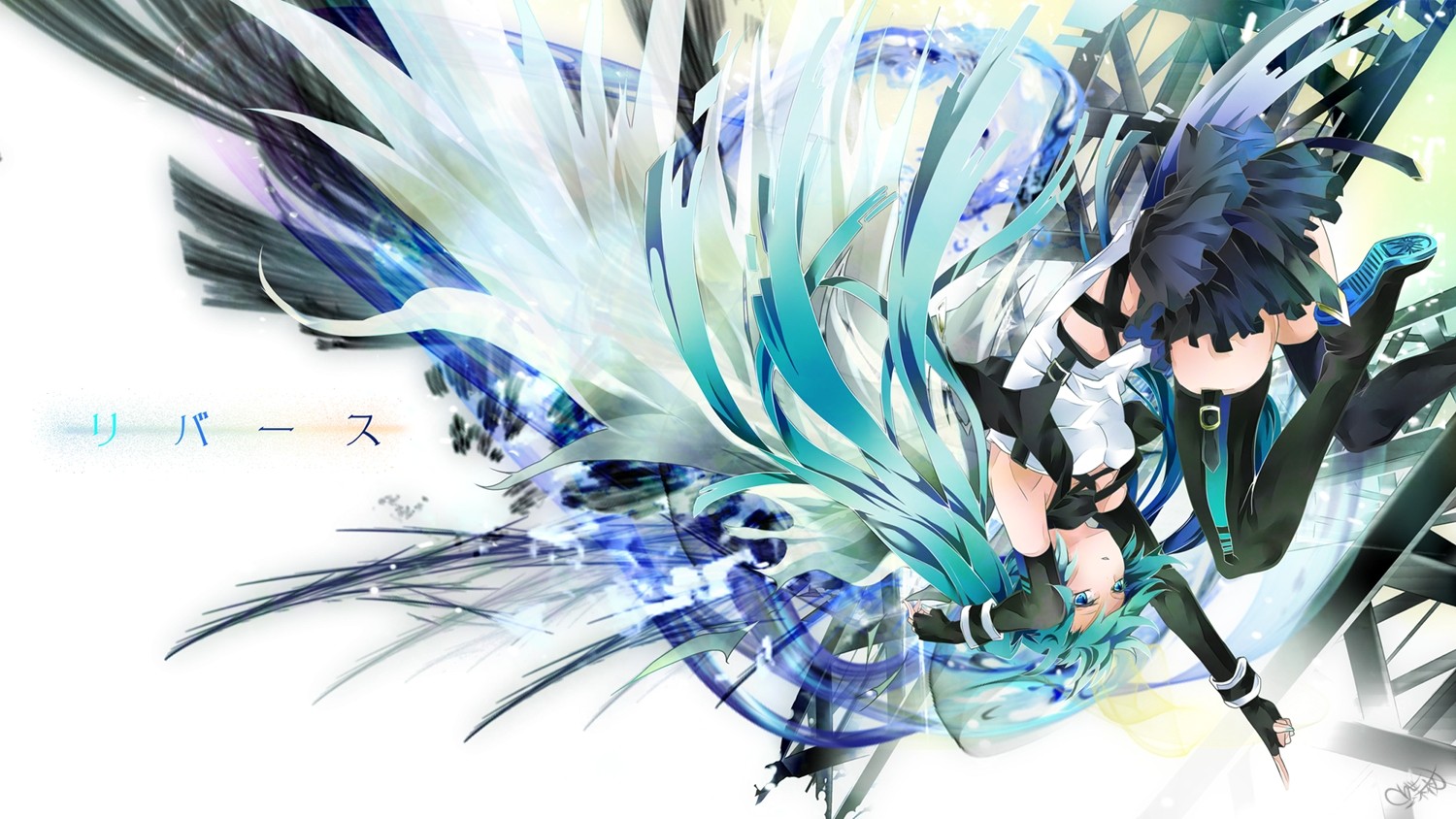 Hatsune Miku with abstract wings and Japanese text HD Wallpaper