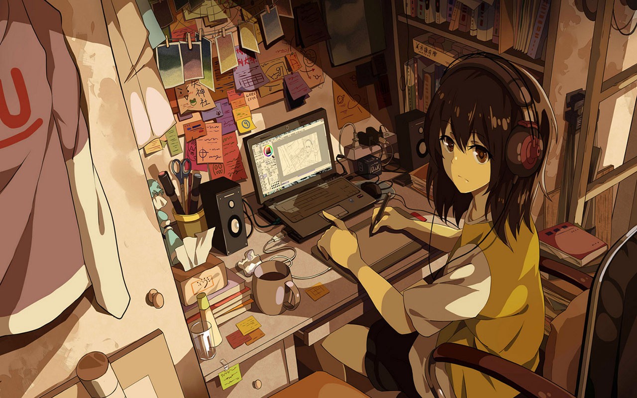 Anime girl drawing on a laptop with headphones HD Wallpaper