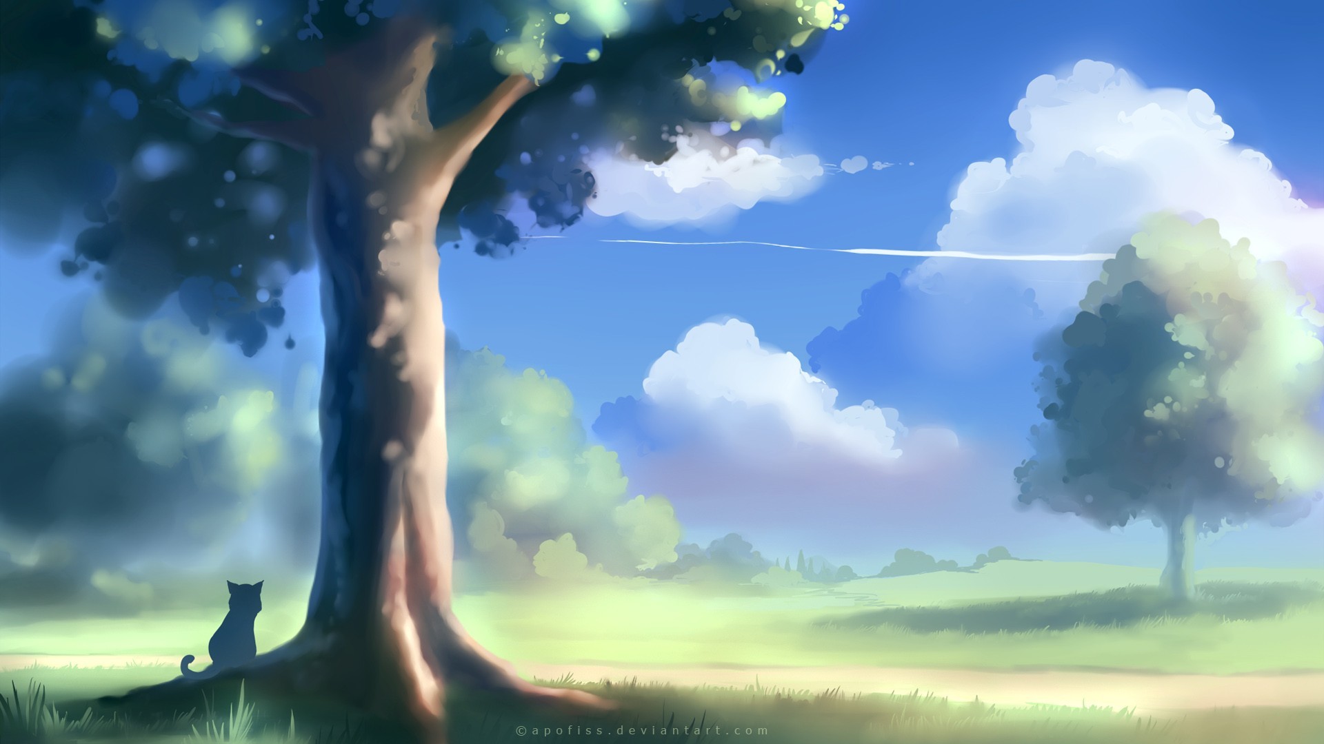 Anime landscape with a cat under a tree HD Wallpaper