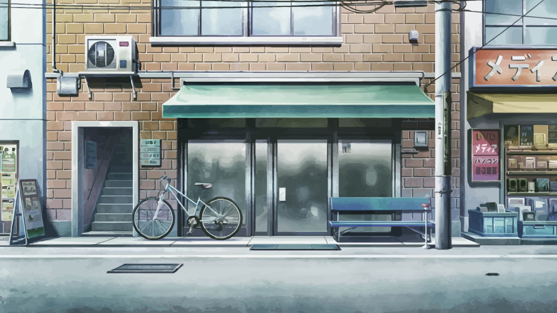 Steins;Gate: A street scene with a bicycle and a shop. HD Wallpaper