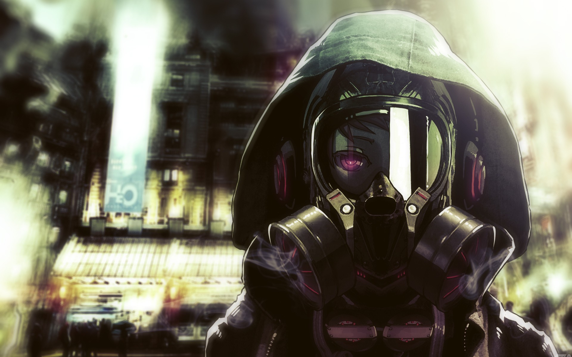 Anime character in gas mask in a city HD Wallpaper
