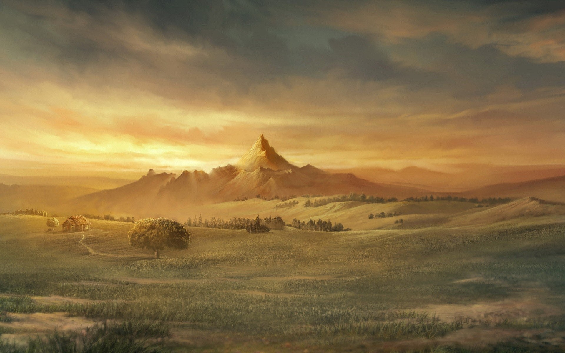 Artwork of a mountain landscape at sunset HD Wallpaper