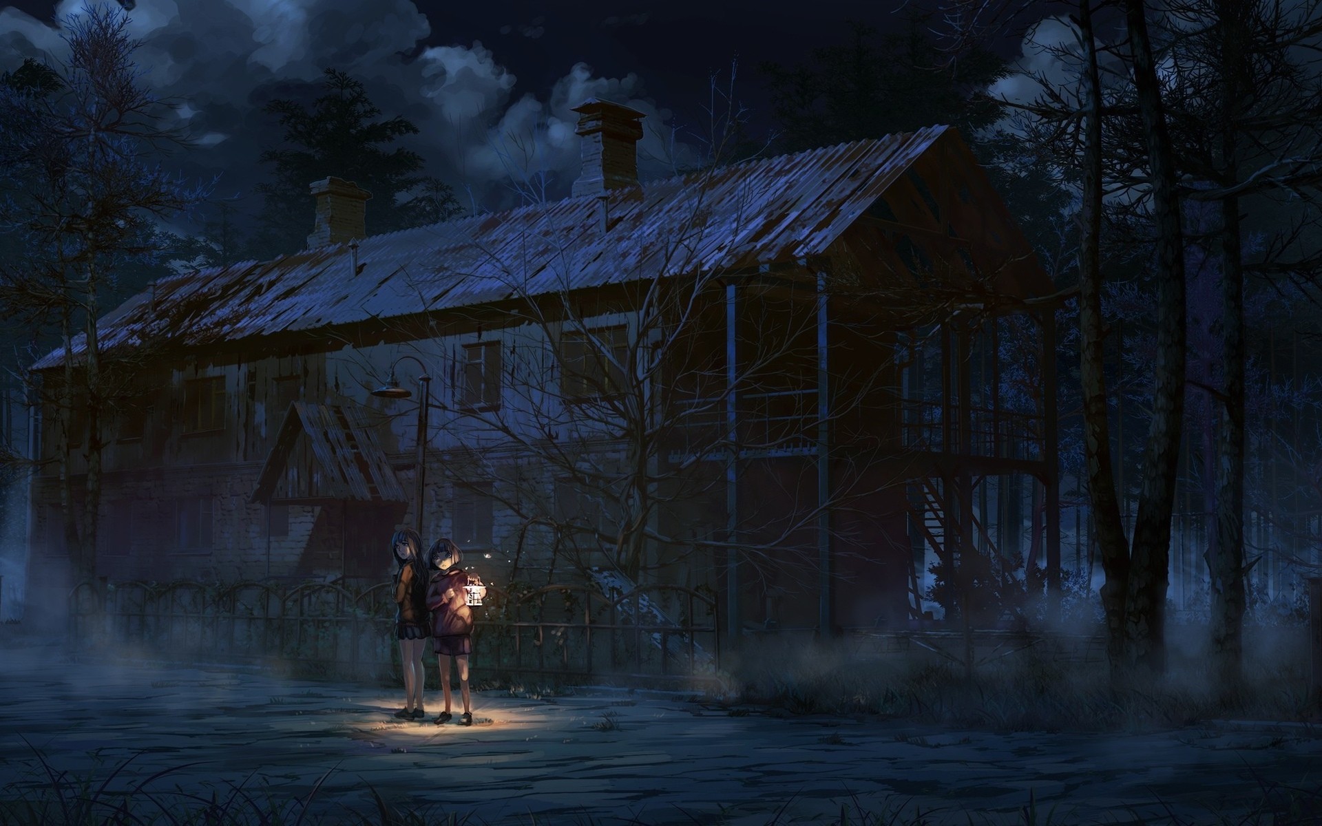 Two girls with a lantern in front of a haunted house HD Wallpaper
