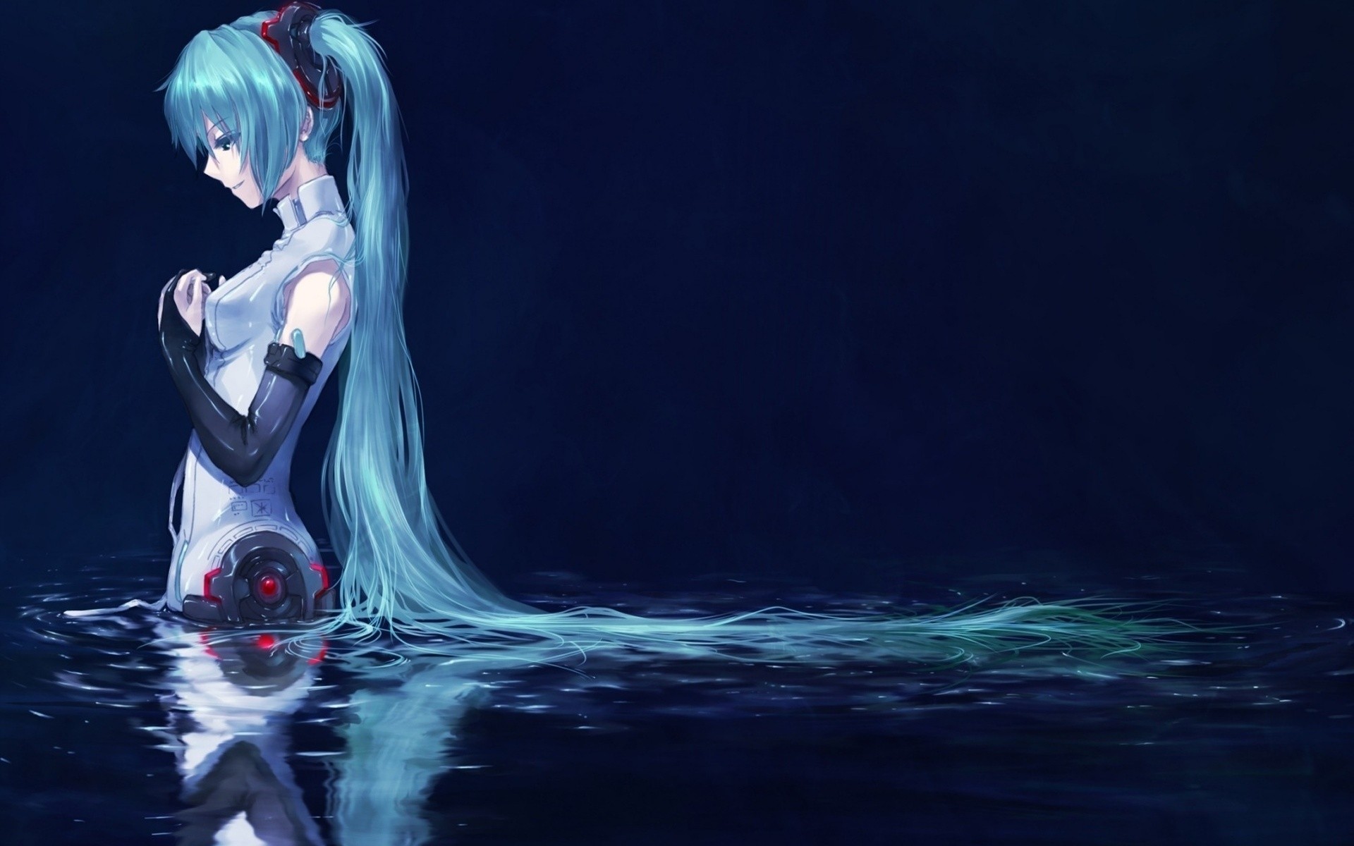 Hatsune Miku standing in dark water HD Wallpaper