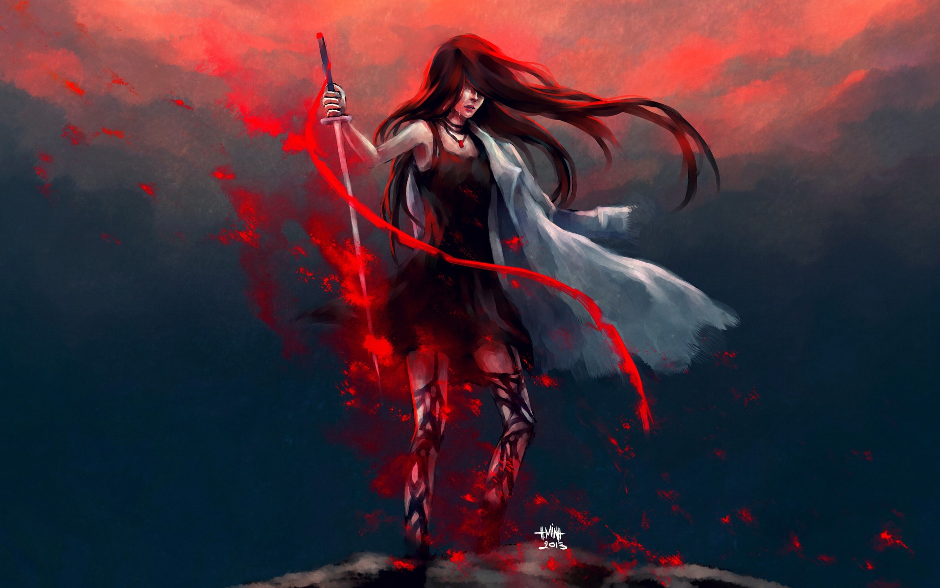 Artwork of a woman with a sword and red aura HD Wallpaper