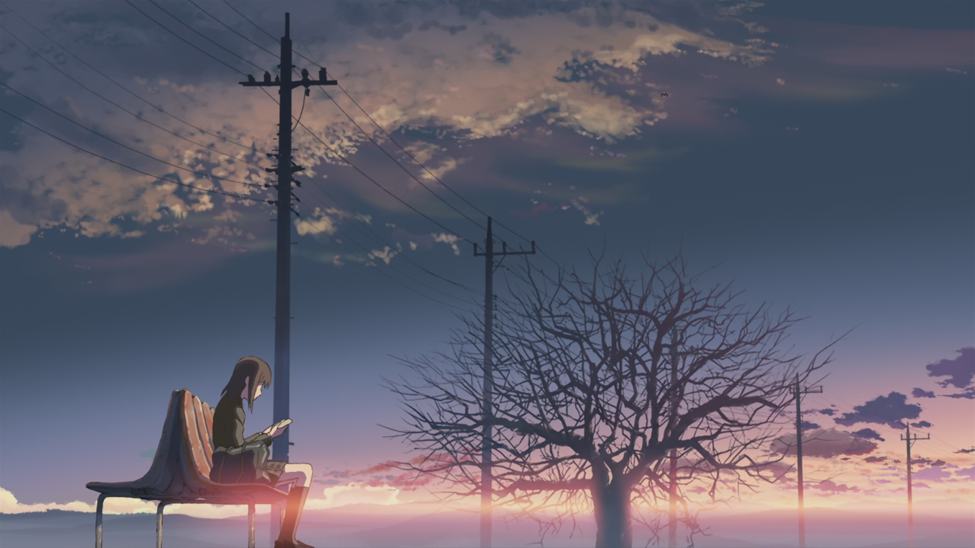 5 Centimeters Per Second: Girl on Bench at Sunset HD Wallpaper