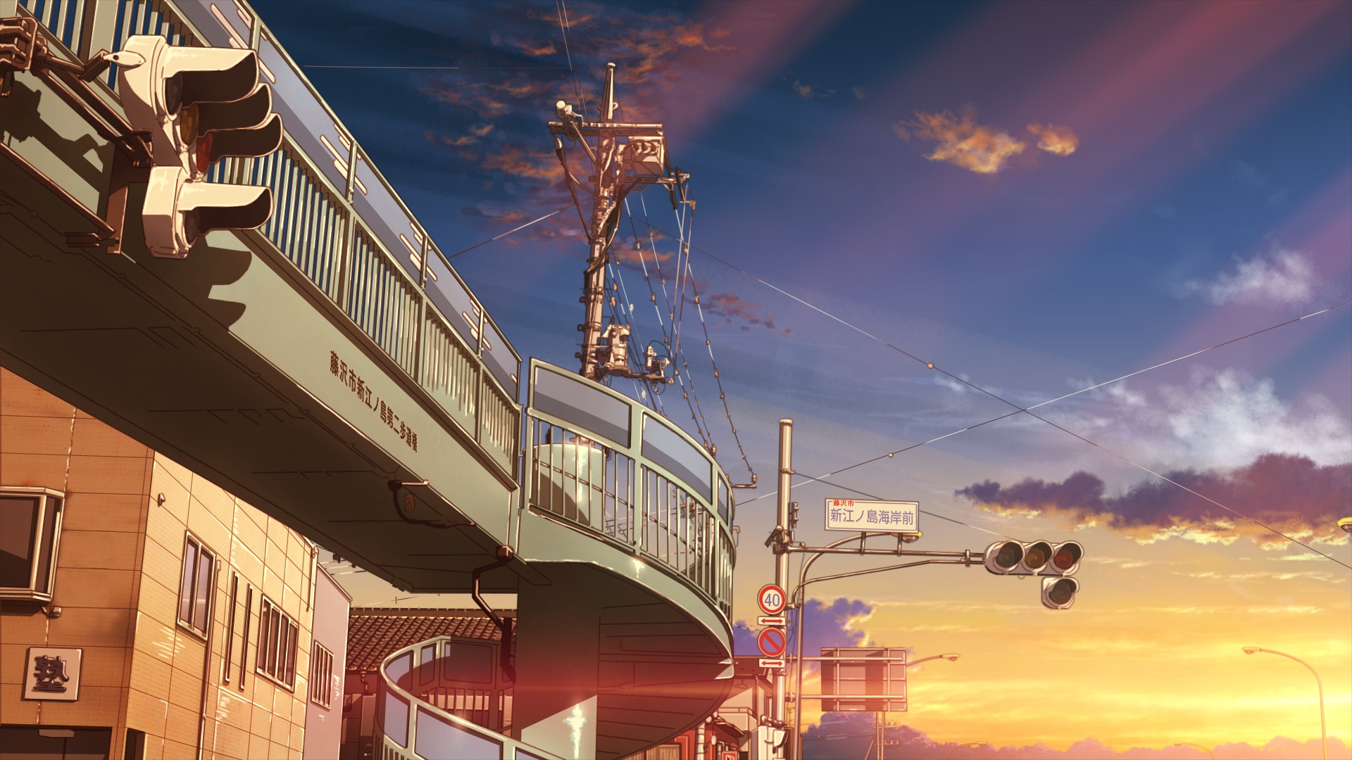 Anime scene with elevated train tracks and sunset sky HD Wallpaper