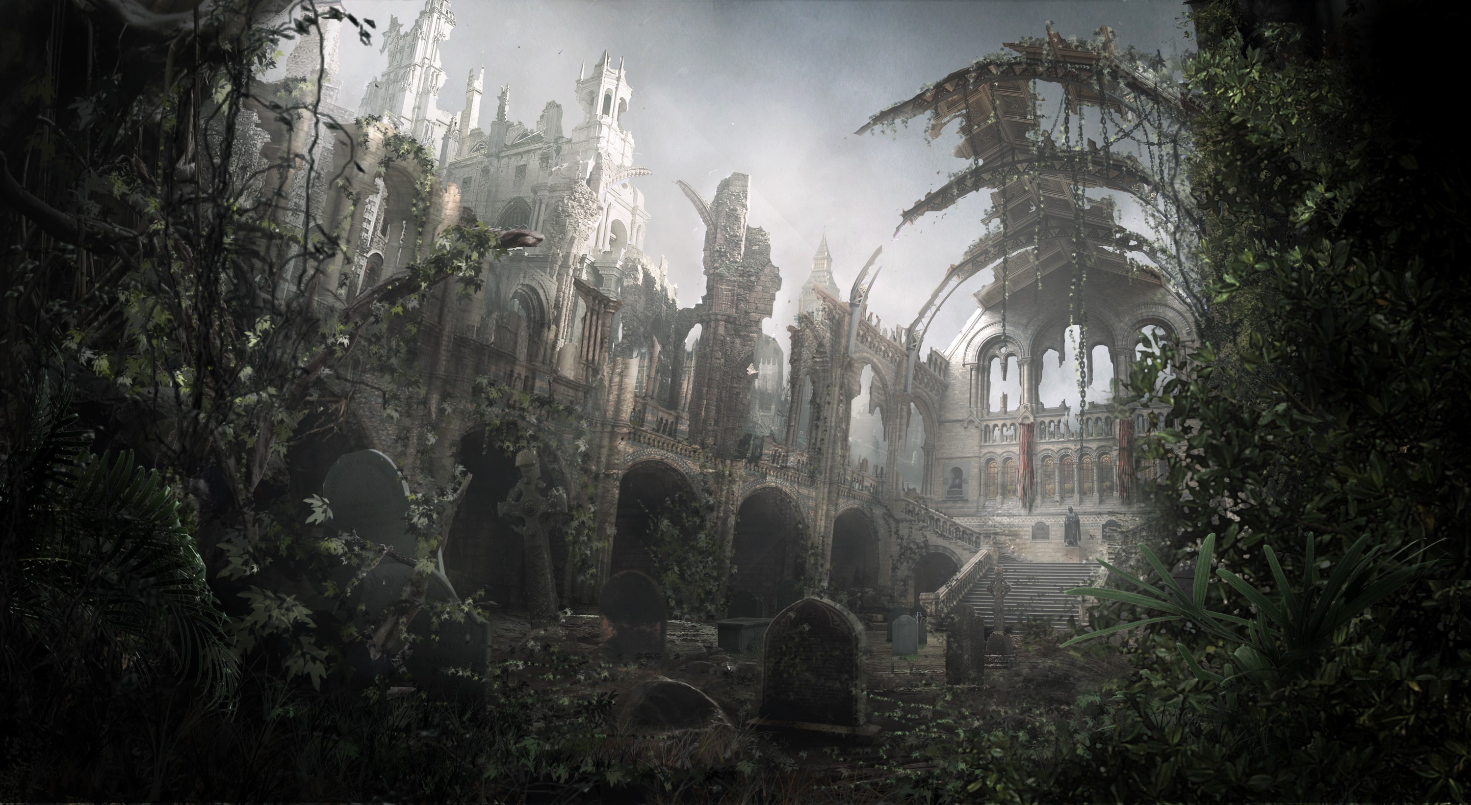 Ruined Gothic Cathedral with Graveyard and Overgrown Vegetation HD Wallpaper