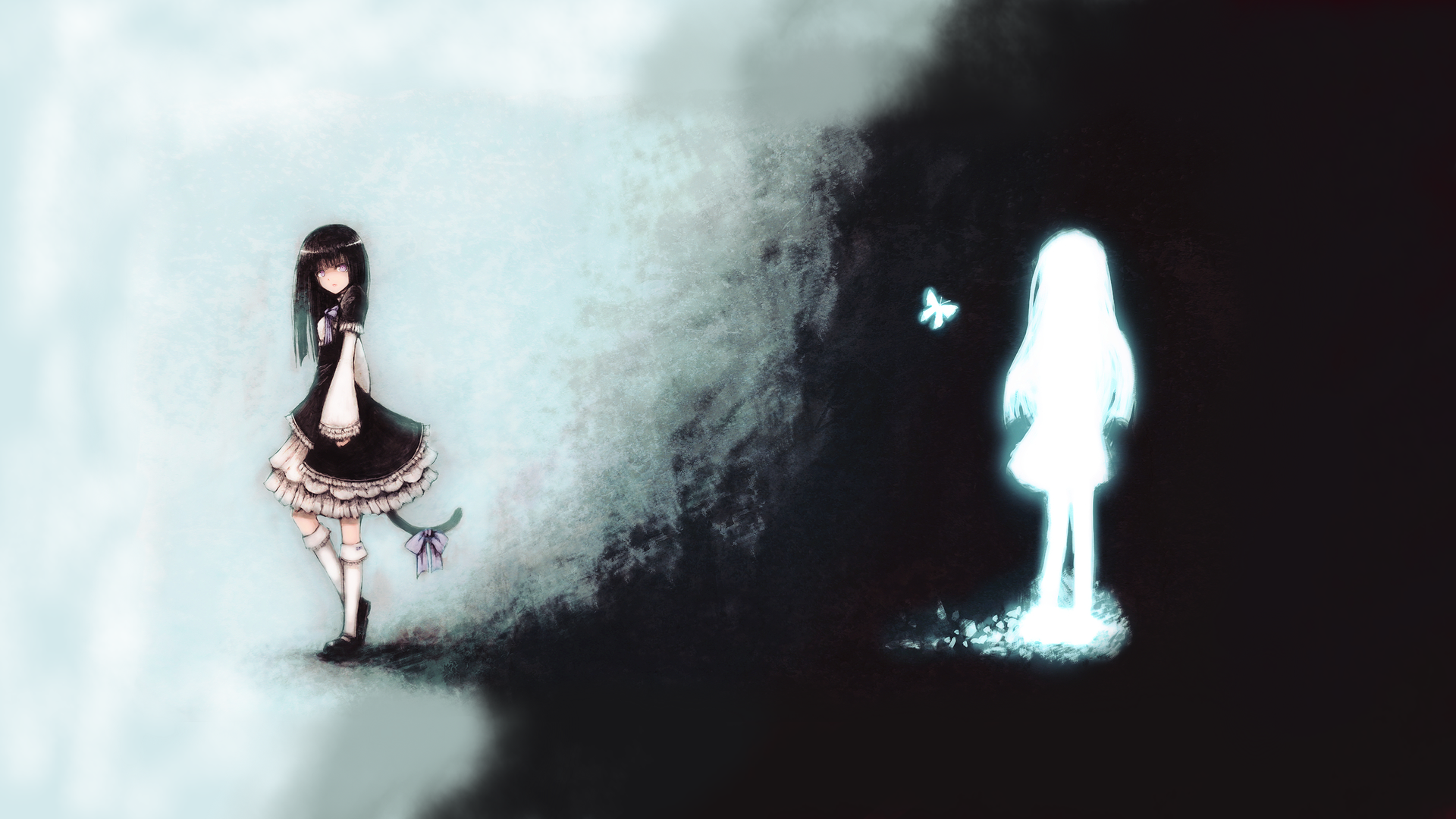 Anime girl in black dress and glowing girl with butterfly HD Wallpaper