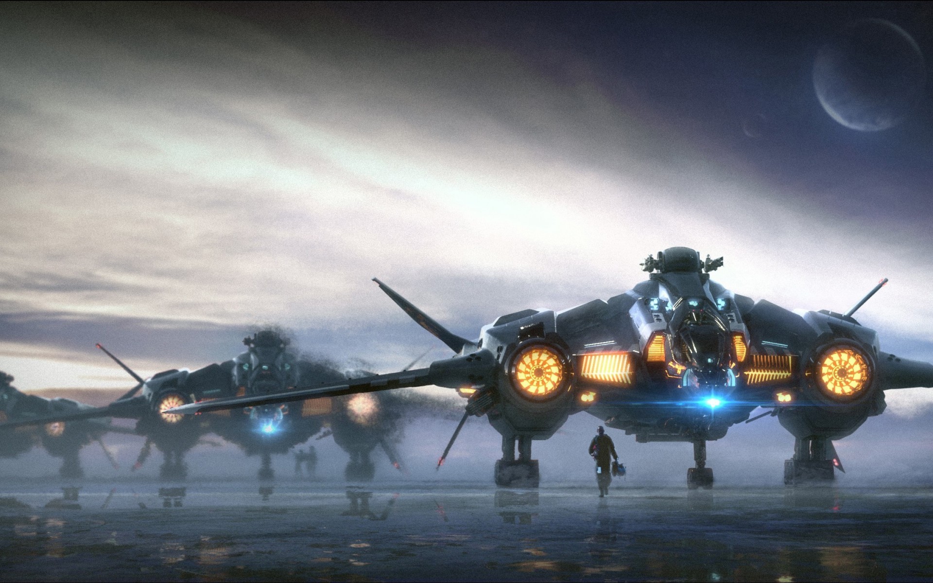 Star Citizen spaceships on a misty alien planet HD Wallpaper