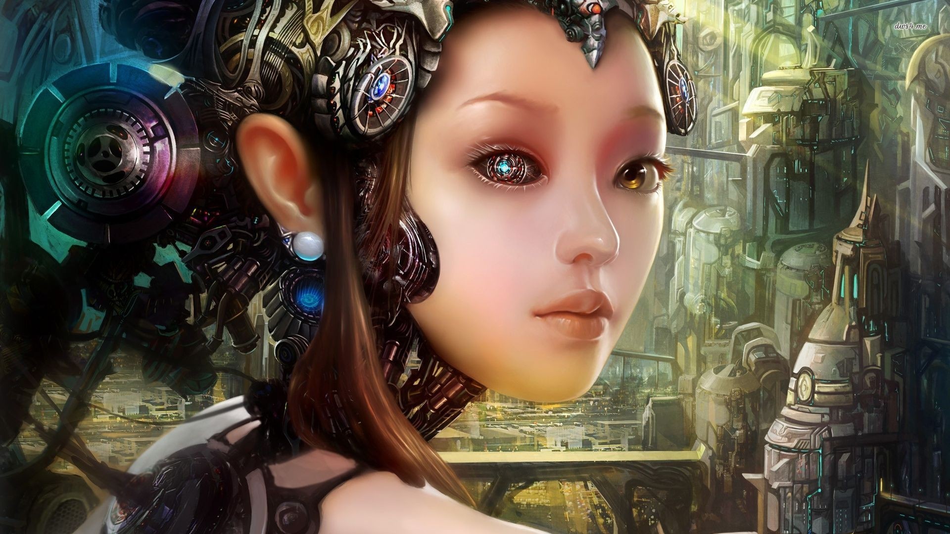 Artwork of a cyborg woman in a futuristic city HD Wallpaper