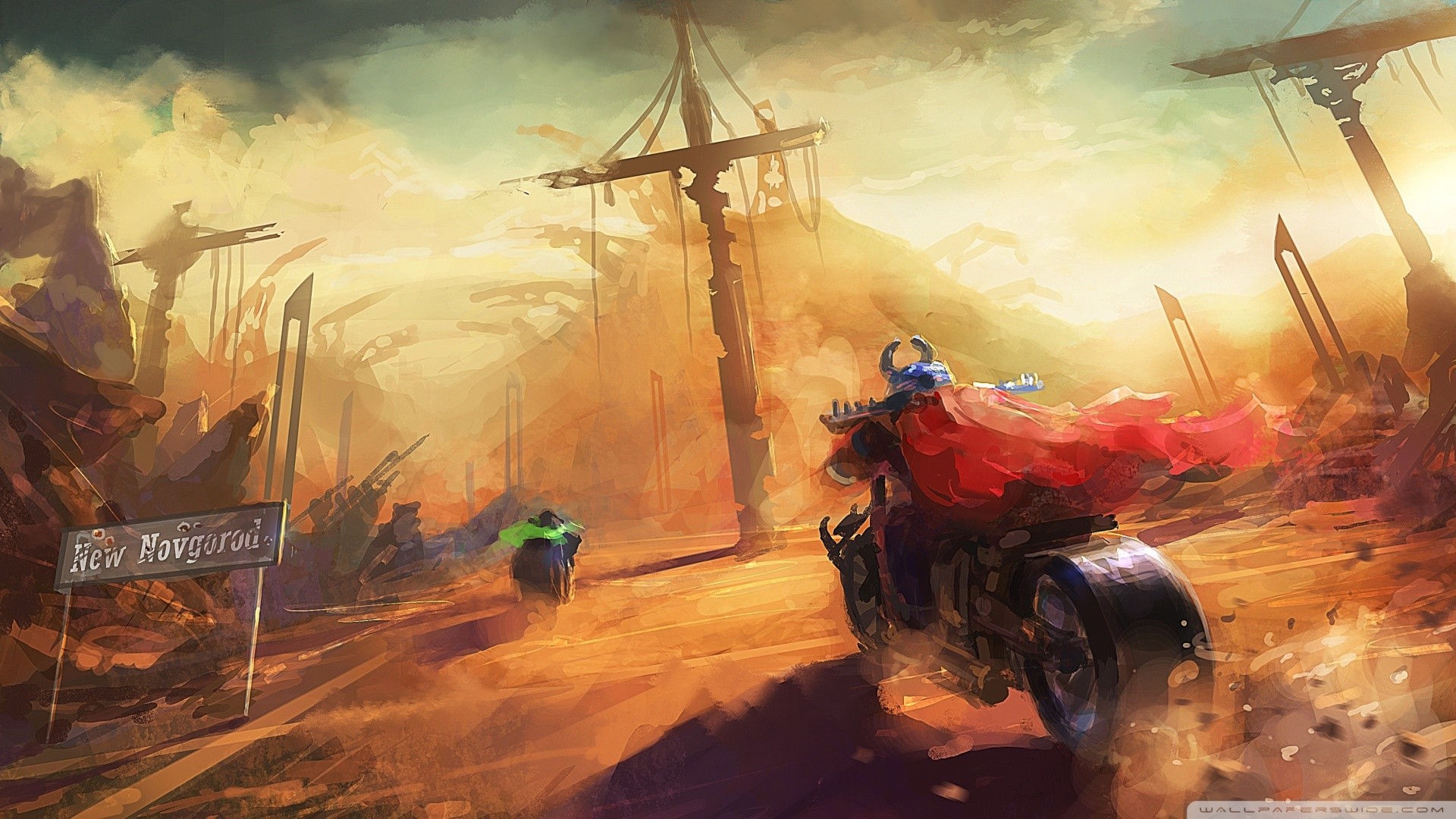 Two figures on motorcycles in a post-apocalyptic landscape HD Wallpaper