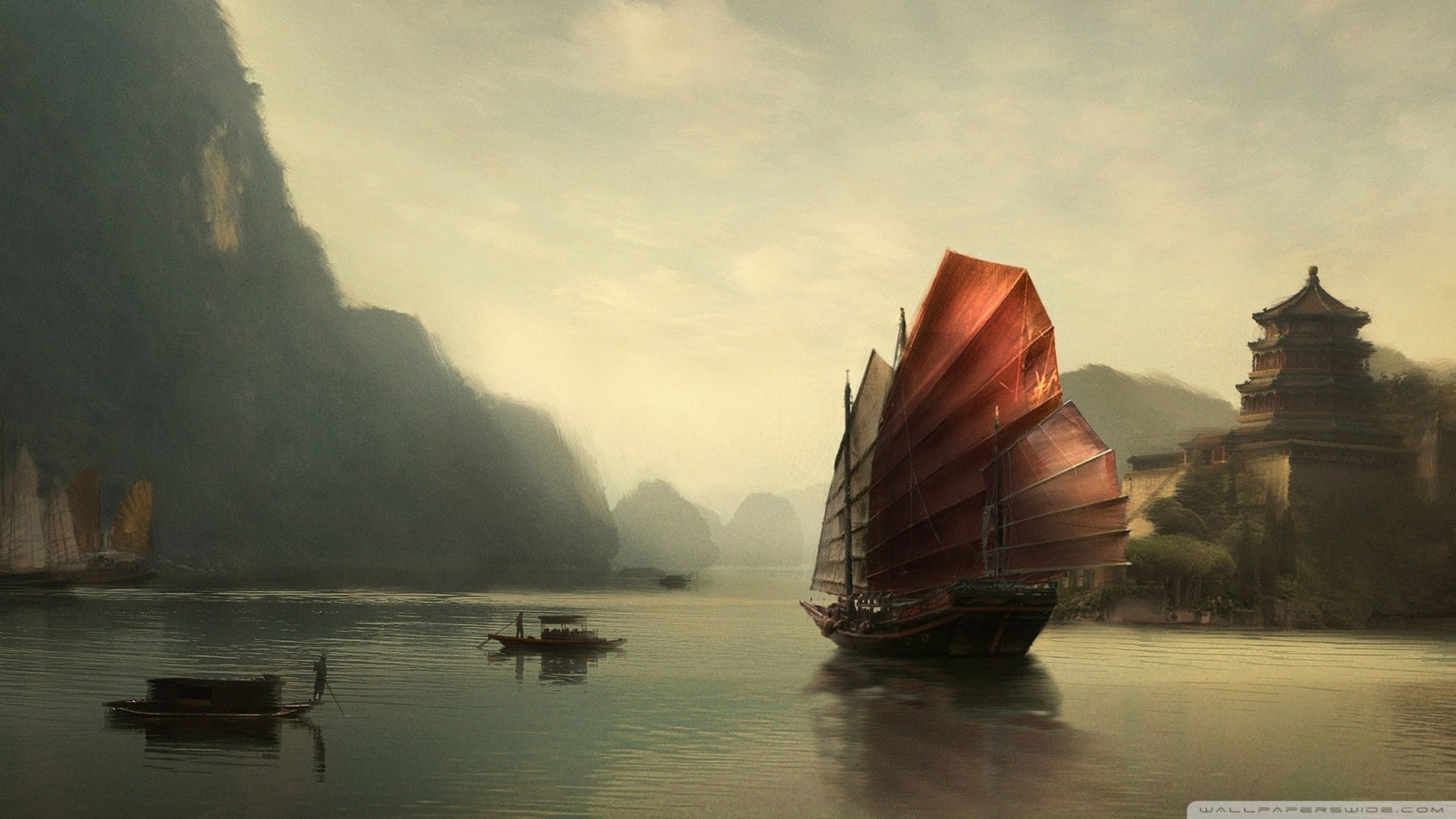 Traditional Chinese junk boat sailing near a pagoda HD Wallpaper