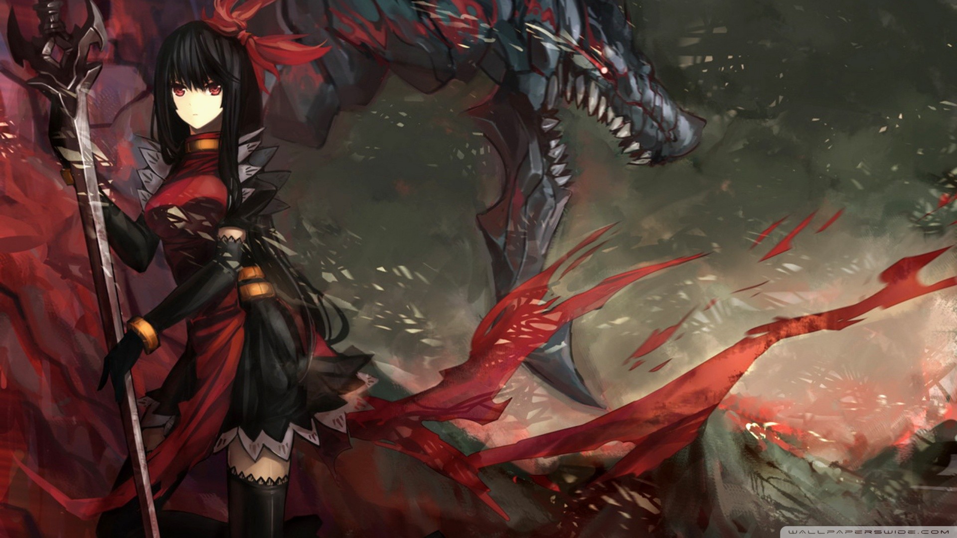 Anime girl with a dragon and a staff HD Wallpaper