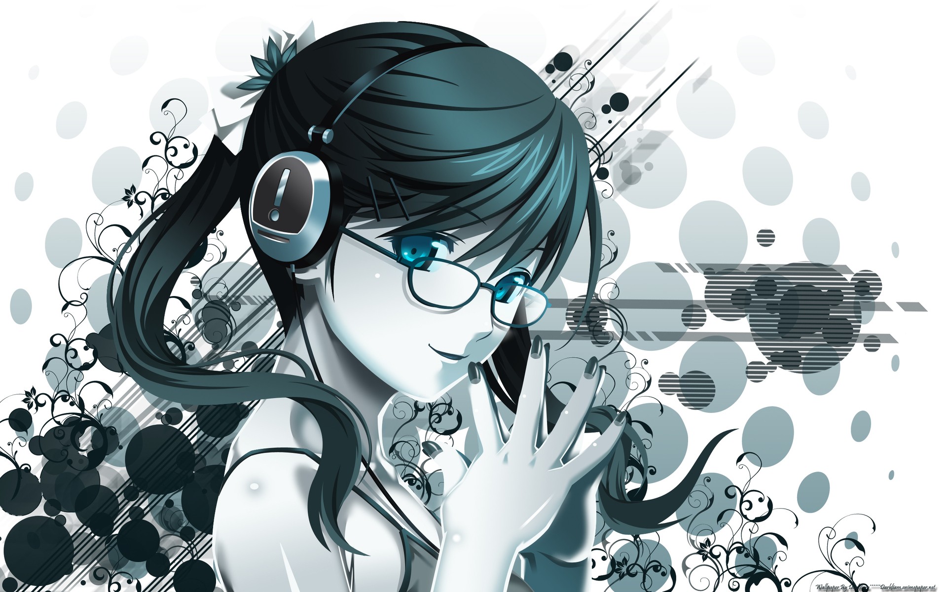 Anime girl with headphones and glasses HD Wallpaper