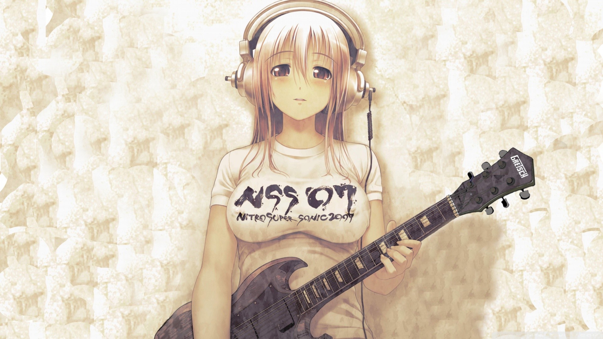 Anime girl with headphones holding a Gretsch guitar HD Wallpaper
