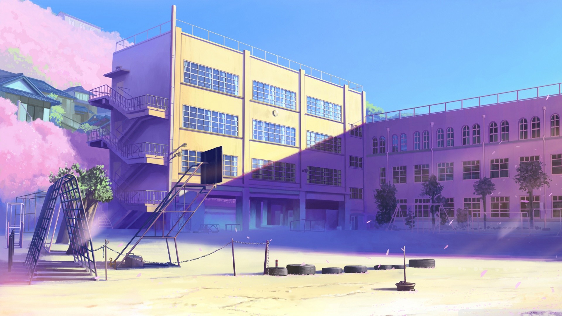 Anime schoolyard with cherry blossoms and playground HD Wallpaper