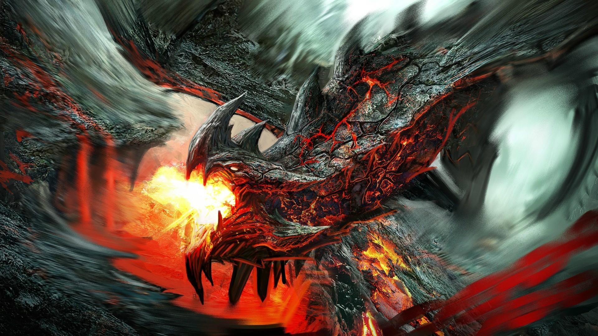 A dragon breathing fire in a rocky landscape HD Wallpaper