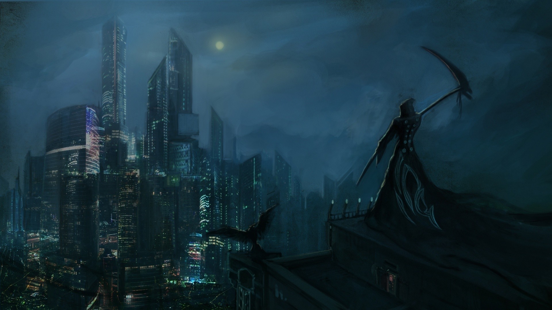 Grim Reaper overlooking a futuristic city at night HD Wallpaper