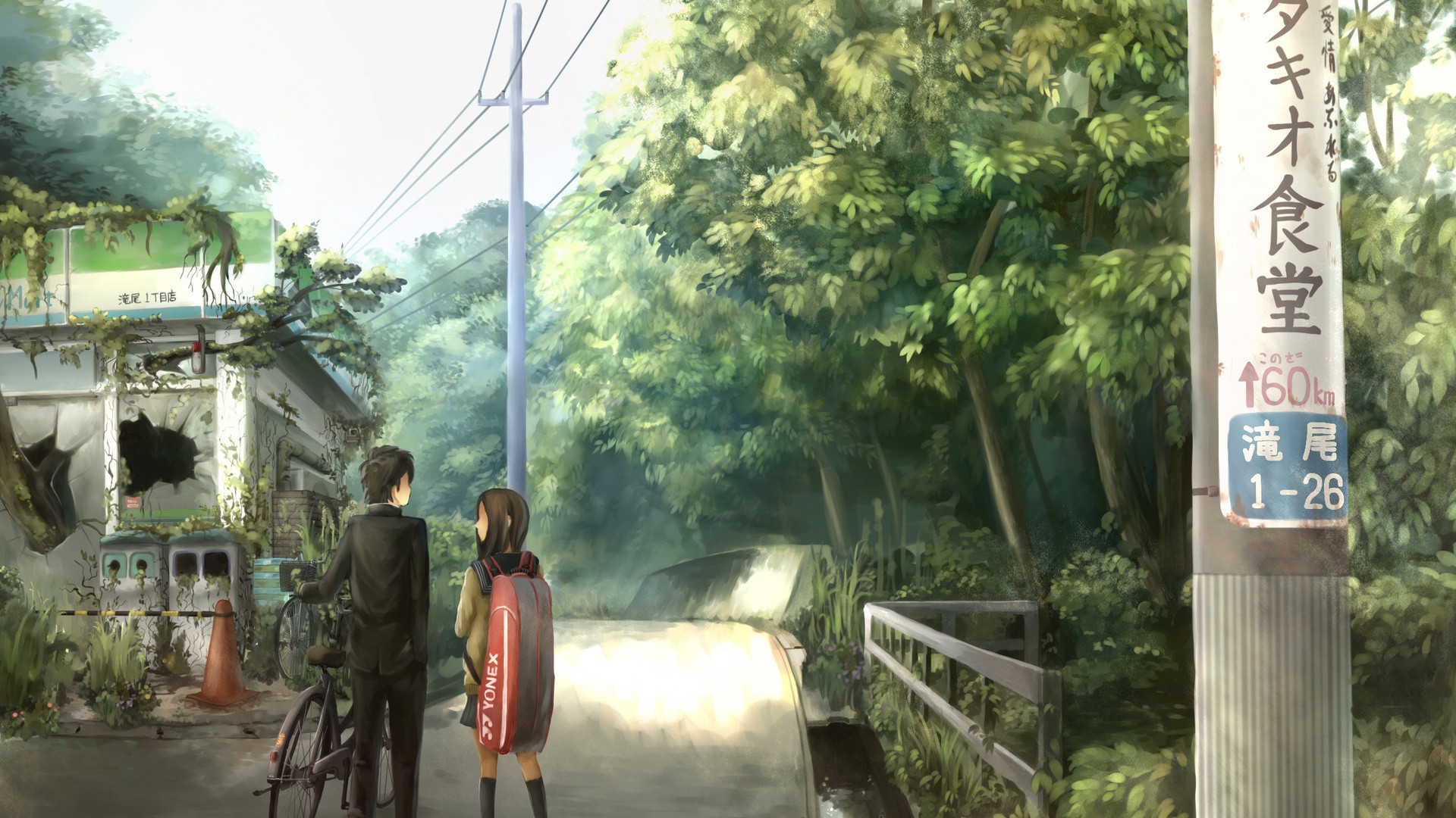 Anime couple standing by a road with a sign HD Wallpaper