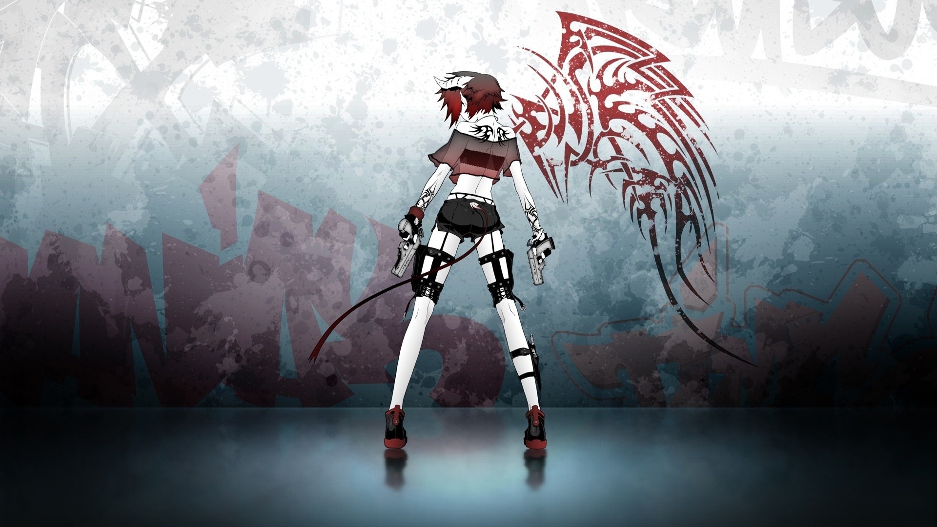Anime girl with guns and tribal wings HD Wallpaper