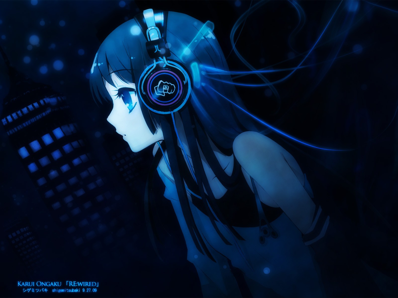 Anime girl with headphones listening to music HD Wallpaper