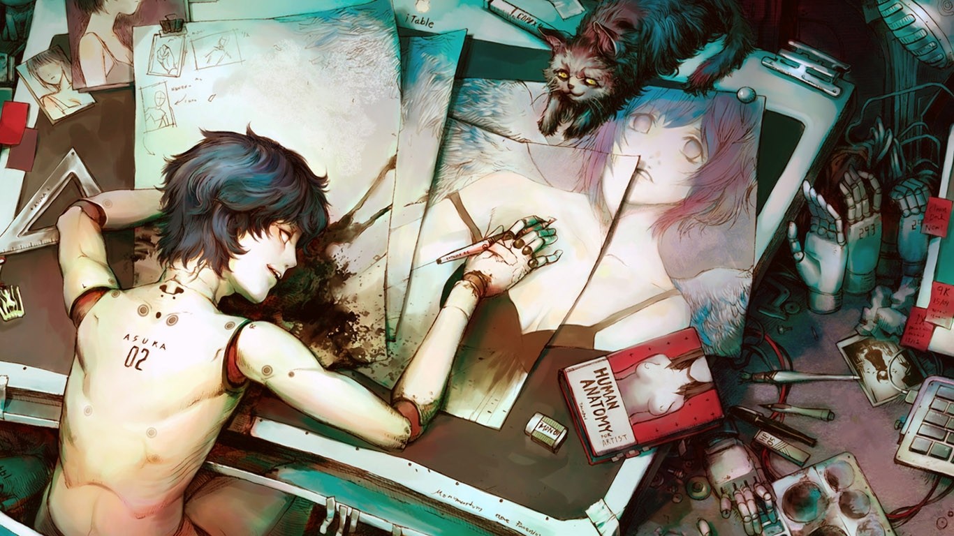 Asuka 02 robot drawing a portrait of a girl HD Wallpaper