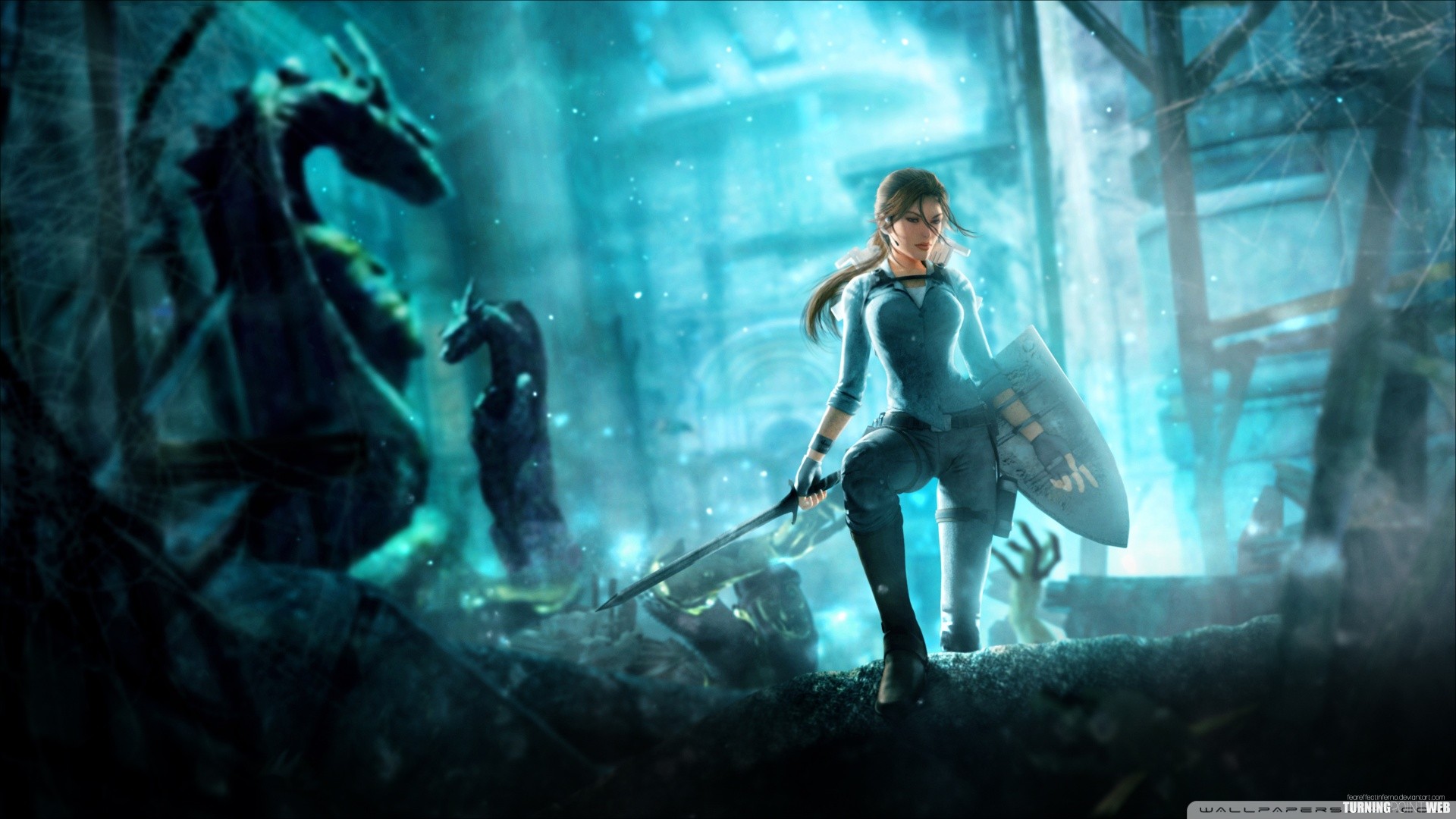 Lara Croft with sword and shield in ruins HD Wallpaper
