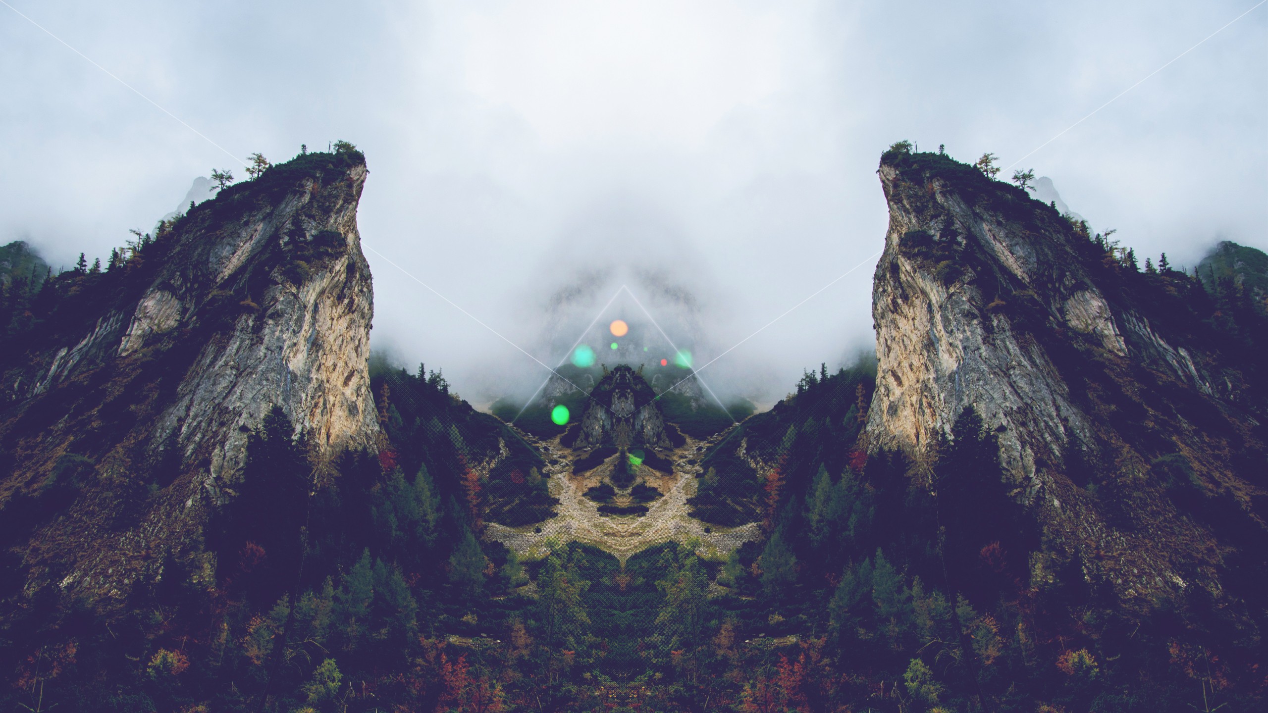Mirrored mountains and forest with geometric overlay HD Wallpaper