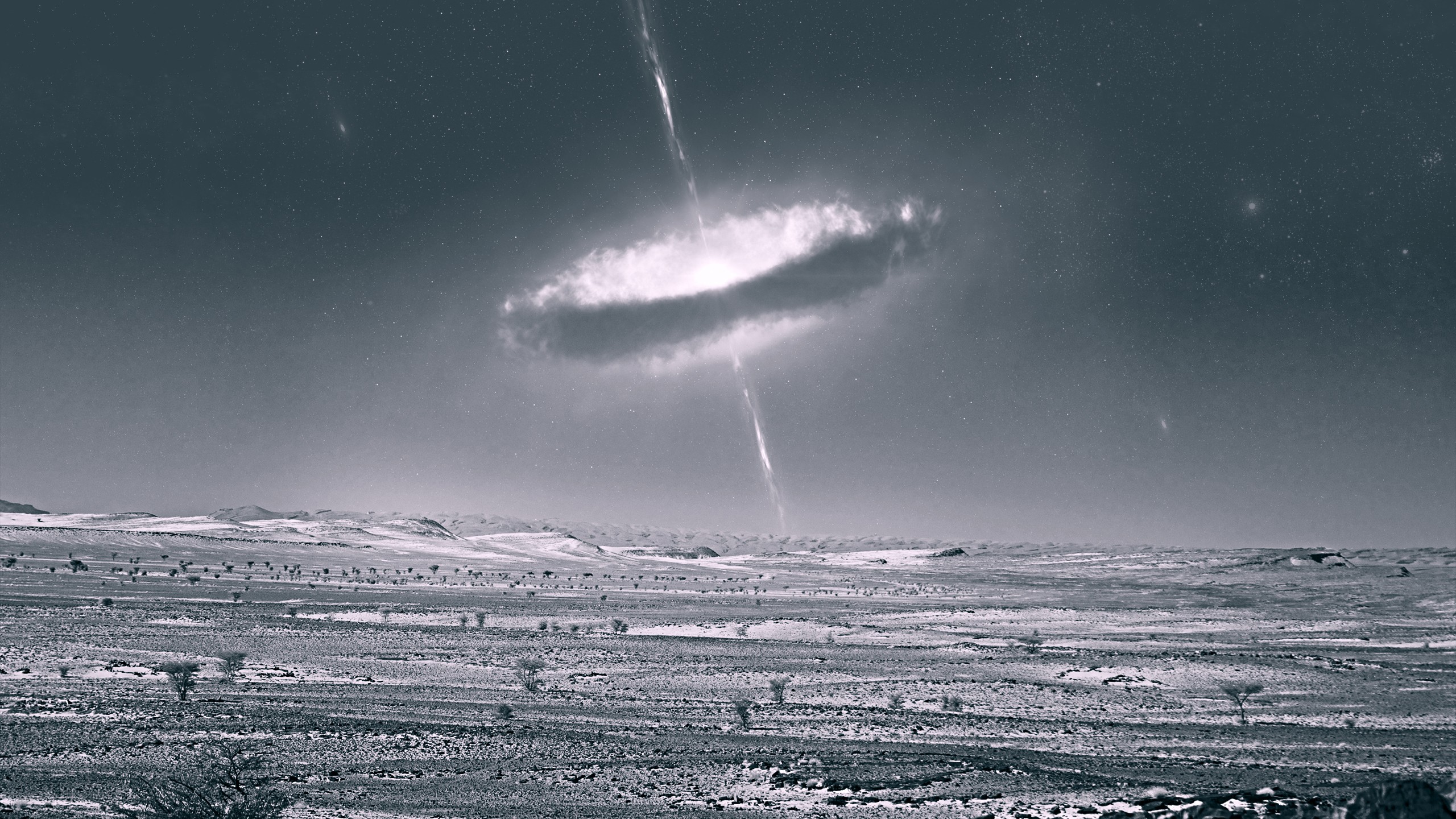 Black hole with jets over a desert landscape HD Wallpaper