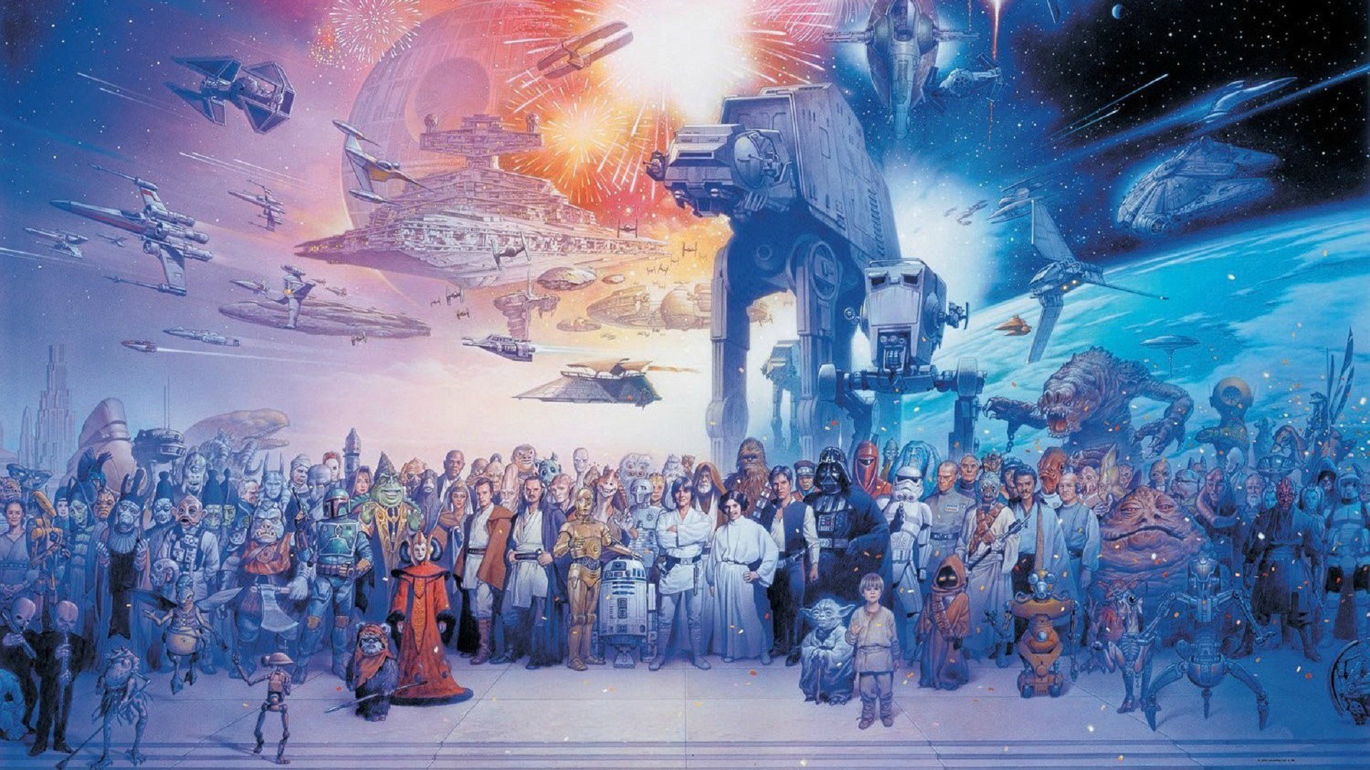 Star Wars characters and vehicles in space HD Wallpaper