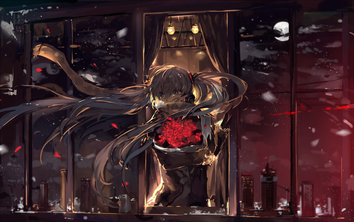 Hatsune Miku holding flowers in the wind at night HD Wallpaper