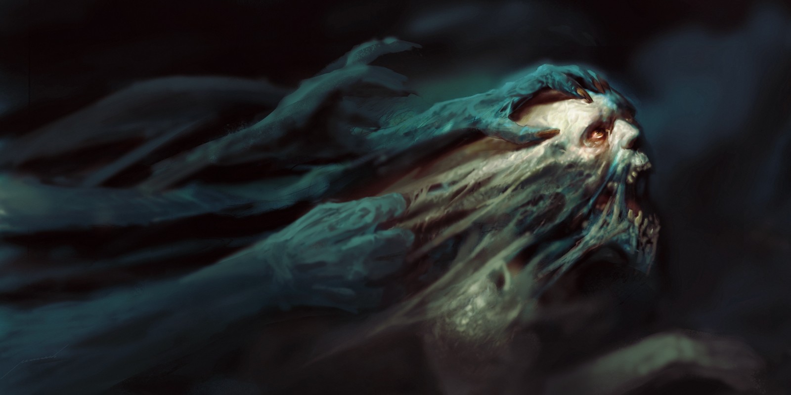 A terrifying skull with decaying flesh and grasping hands HD Wallpaper