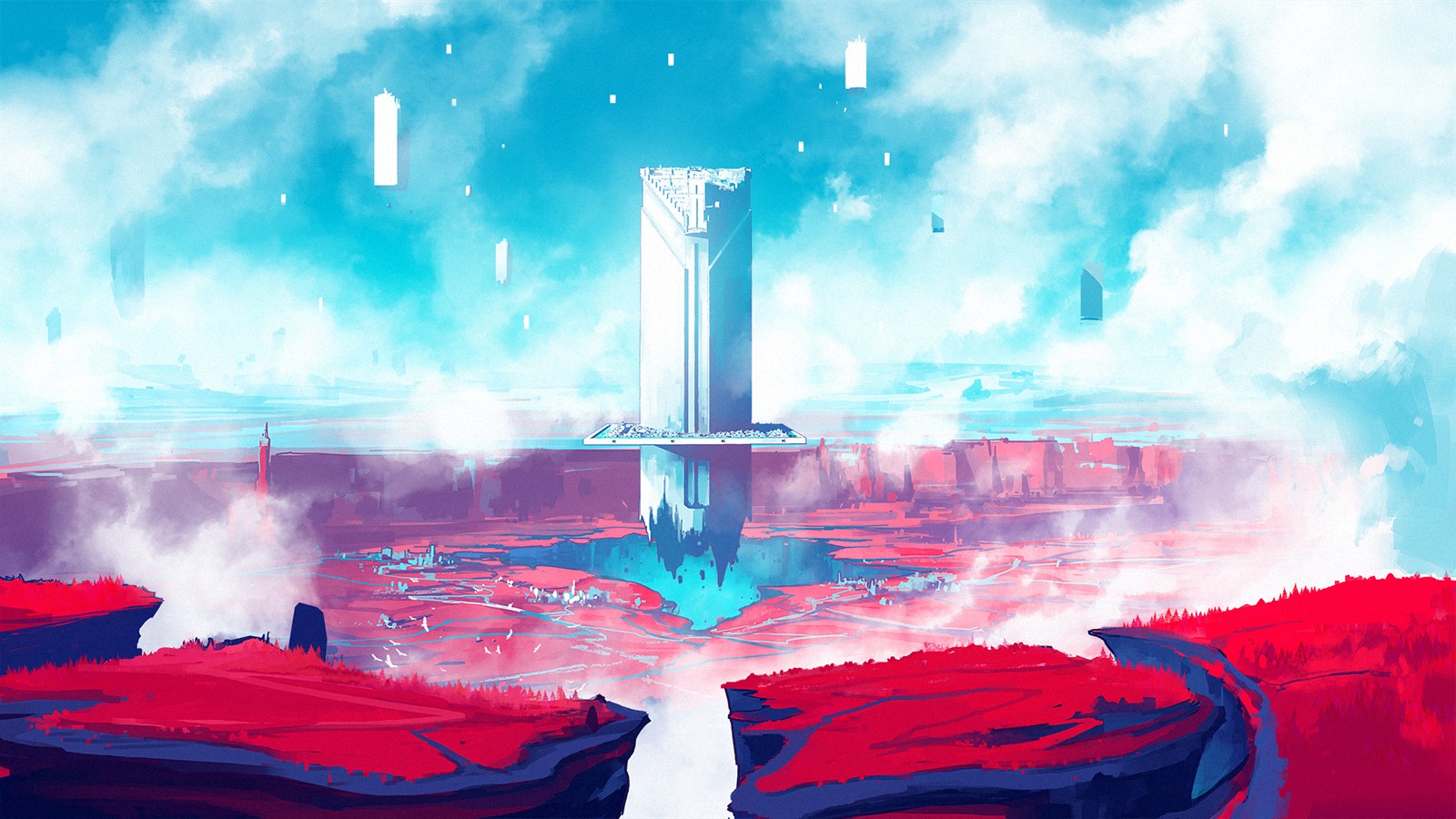 Duelyst concept art of a futuristic landscape HD Wallpaper